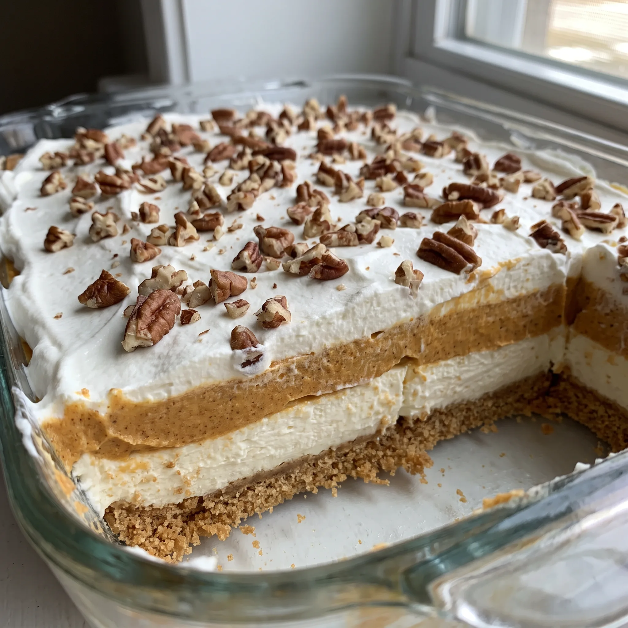 Pumpkin rich dessert with a graham cracker crust, a cream cheese layer, a pumpkin layer, and Cool Whip topped with pecans.