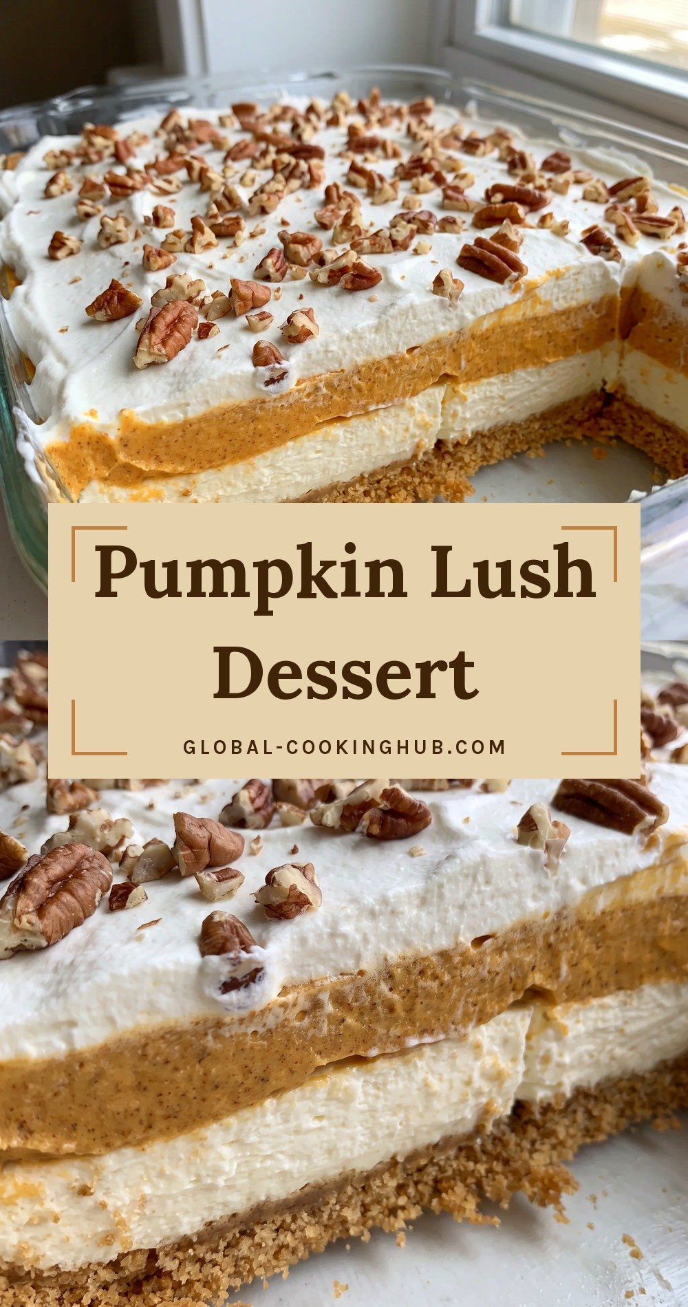 Creamy pumpkin rich with a golden graham cracker crust, layered cheesecake and pumpkin filling, topped with Cool Whip and chopped pecans.