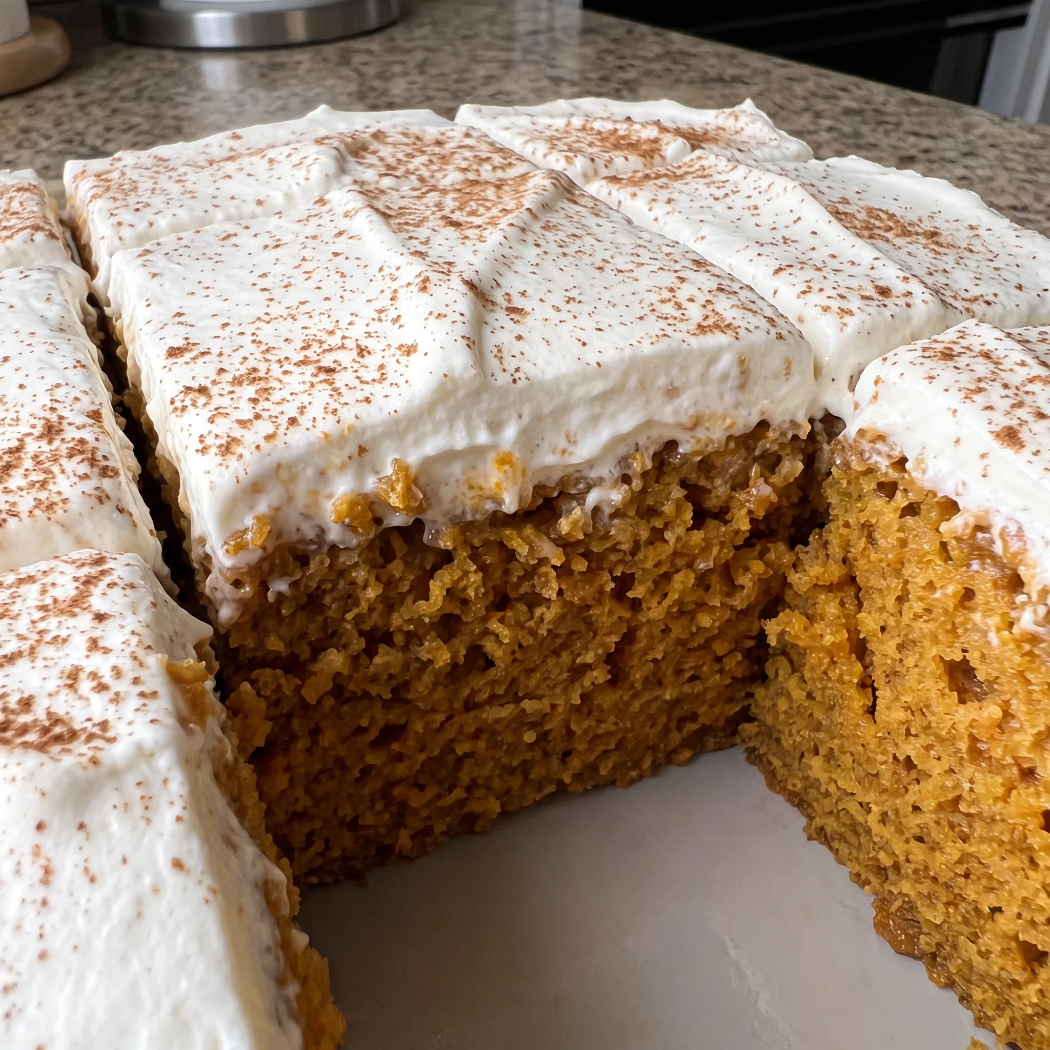 Cinnamon dusted whipped cream over moist pumpkin cake soaked in three milks.