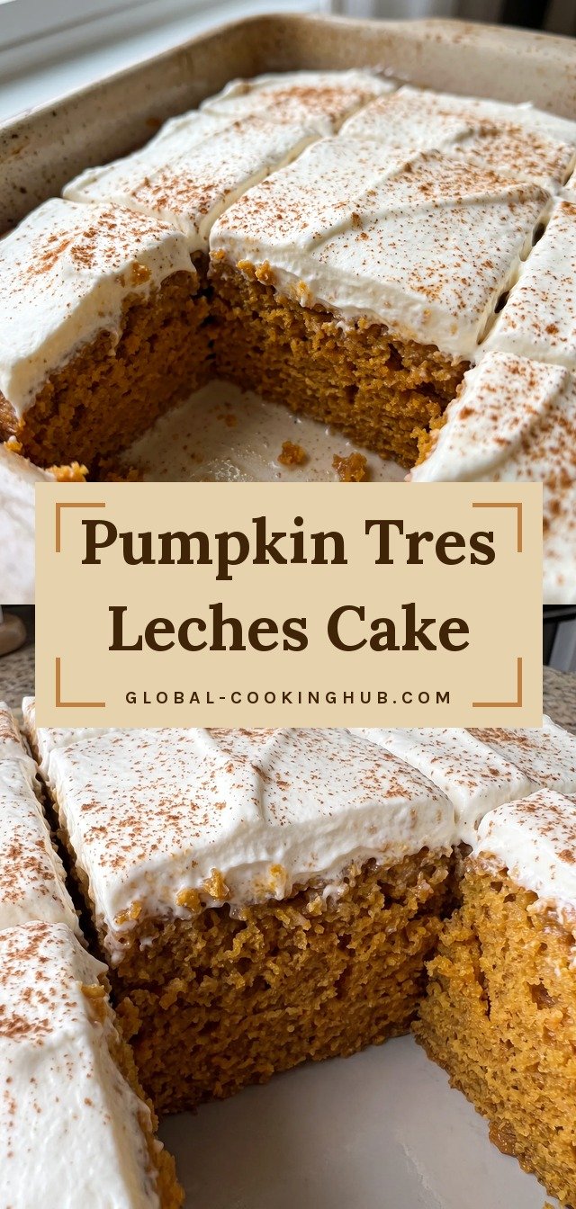 Golden pumpkin cake soaked in three milks, topped with white whipped cream and a dusting of cinnamon.