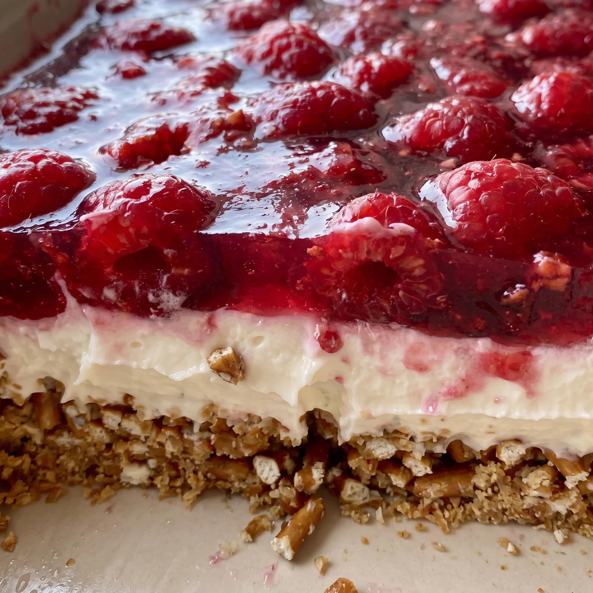 Glossy raspberry gelatin set over cream cheese, topped with fresh raspberries and a crunchy pretzel base.