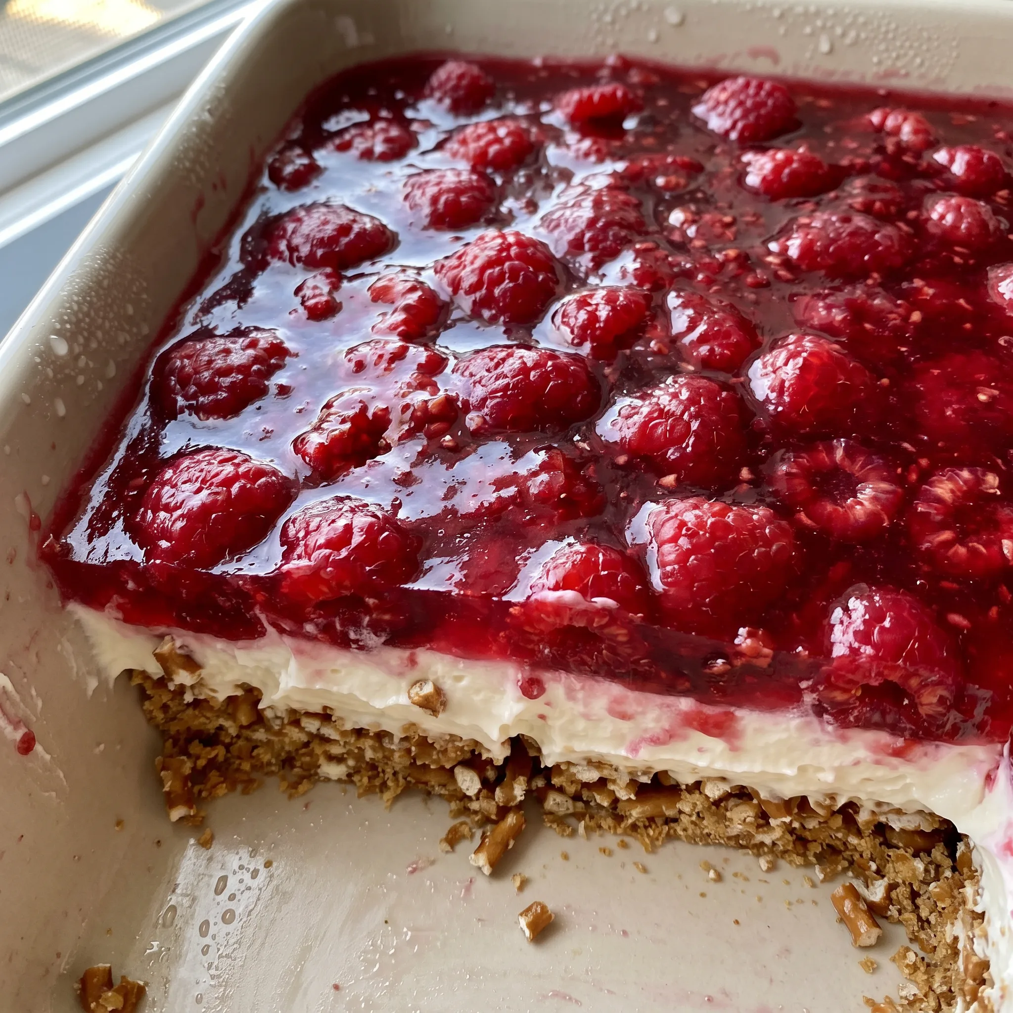 Raspberry pretzel salad with a creamy layer, red gelatin, and whole raspberries on a crushed pretzel crust.