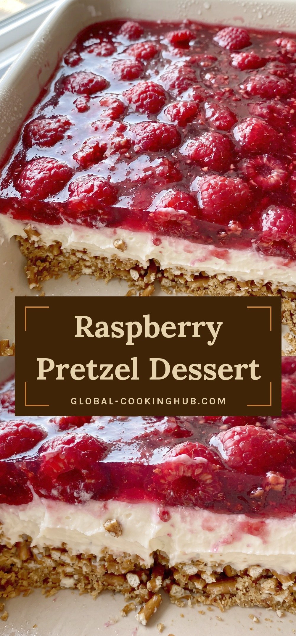 Layered dessert with a golden crushed pretzel crust, a smooth white cream cheese filling, and a glossy red raspberry gelatin top studded with raspberries.