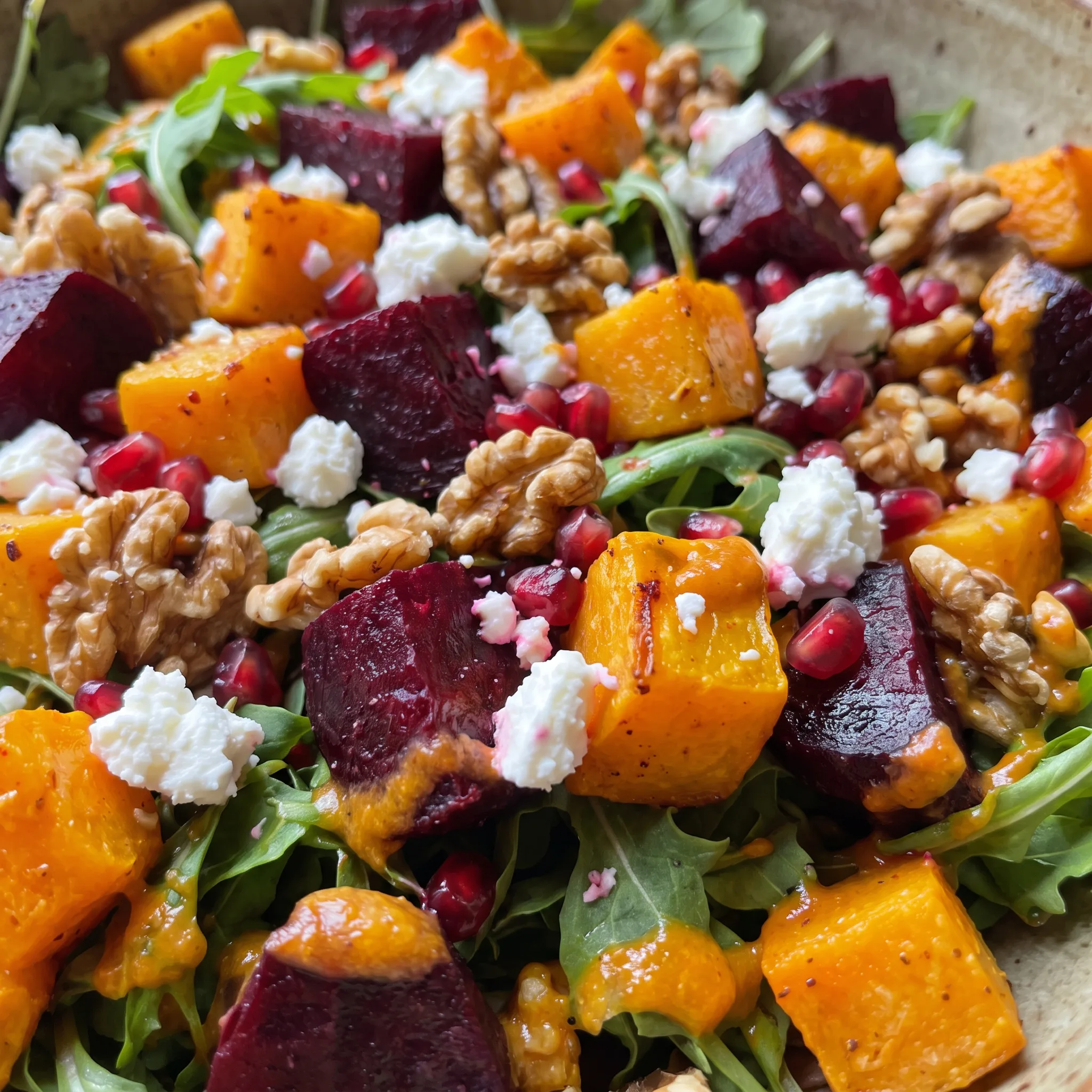 Creamy goat cheese crumbles and crunchy walnuts over roasted squash, beets, and pomegranate seeds.