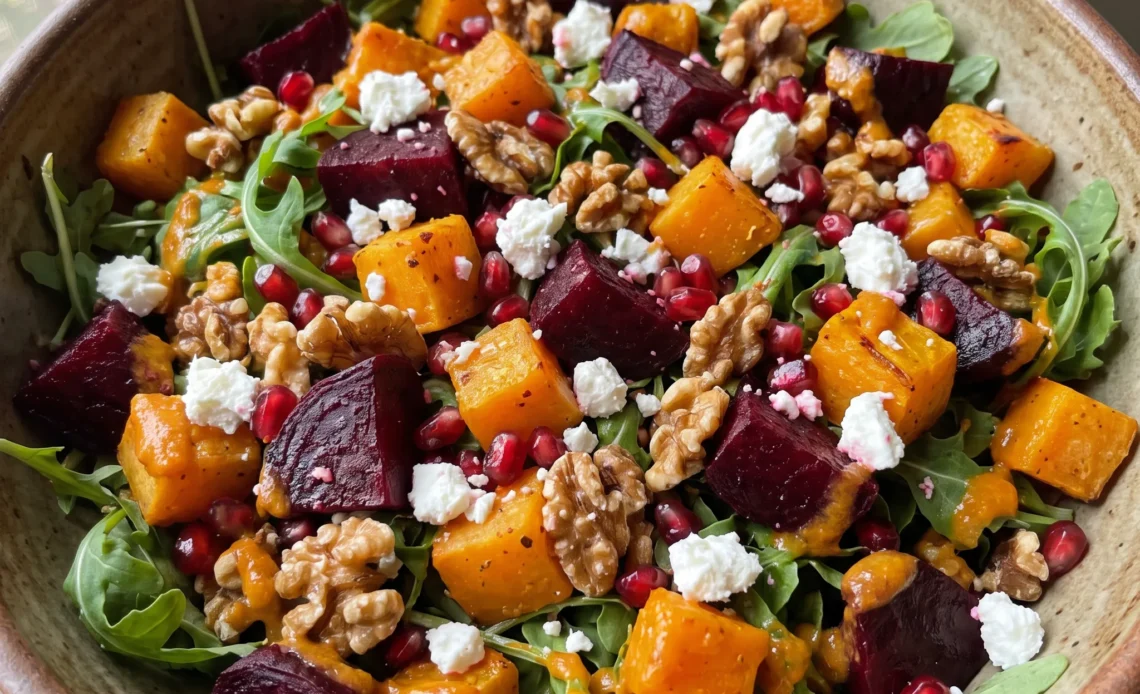 Roasted butternut squash and beet salad with arugula, goat cheese, walnuts, and pomegranate seeds.