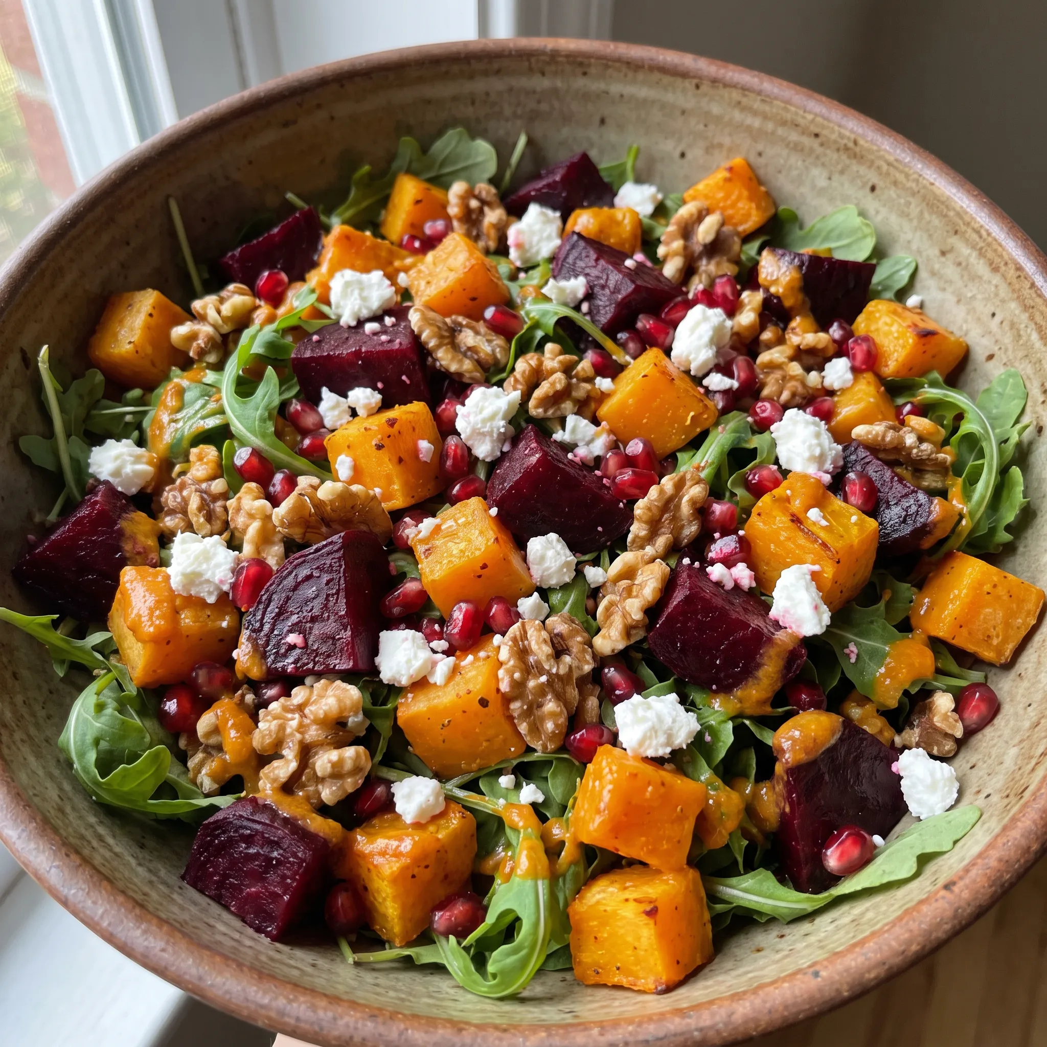 Roasted butternut squash and beet salad with arugula, goat cheese, walnuts, and pomegranate seeds.