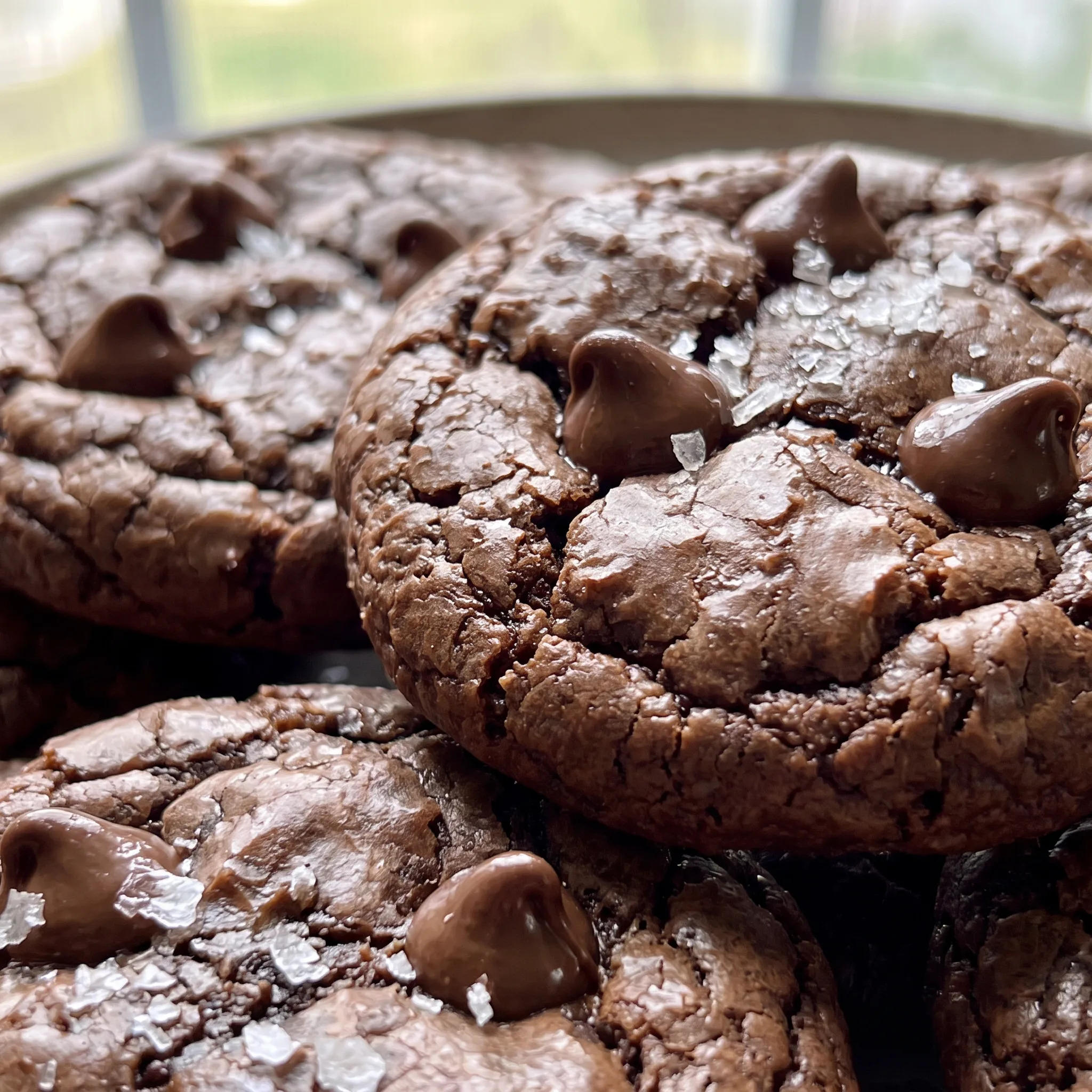 Fudgy chocolate cookie interior with melted chocolate chips and coarse sea salt flakes.