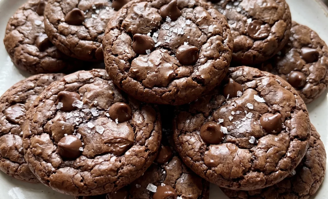 Salted brownie cookies with glossy cracked tops, dark chocolate chips and flaky sea salt.