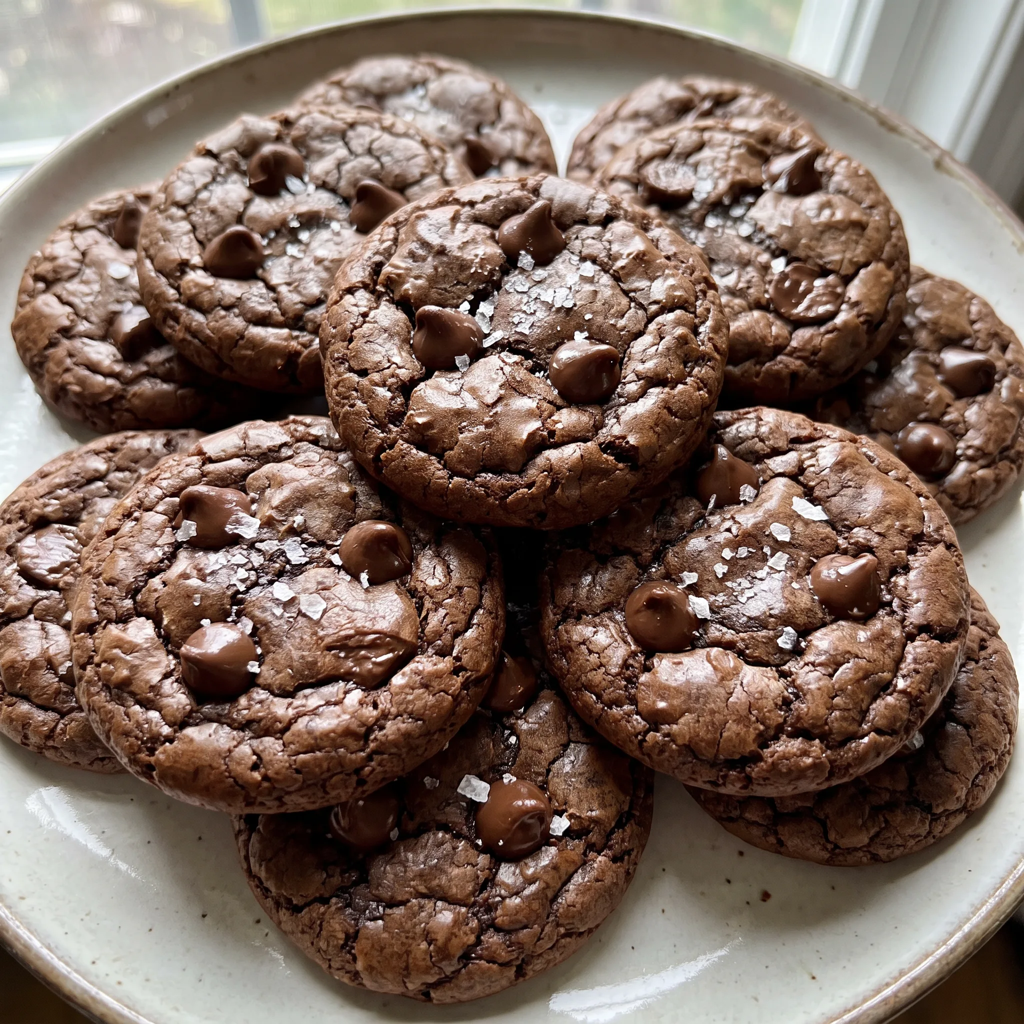 Salted brownie cookies with glossy cracked tops, dark chocolate chips and flaky sea salt.