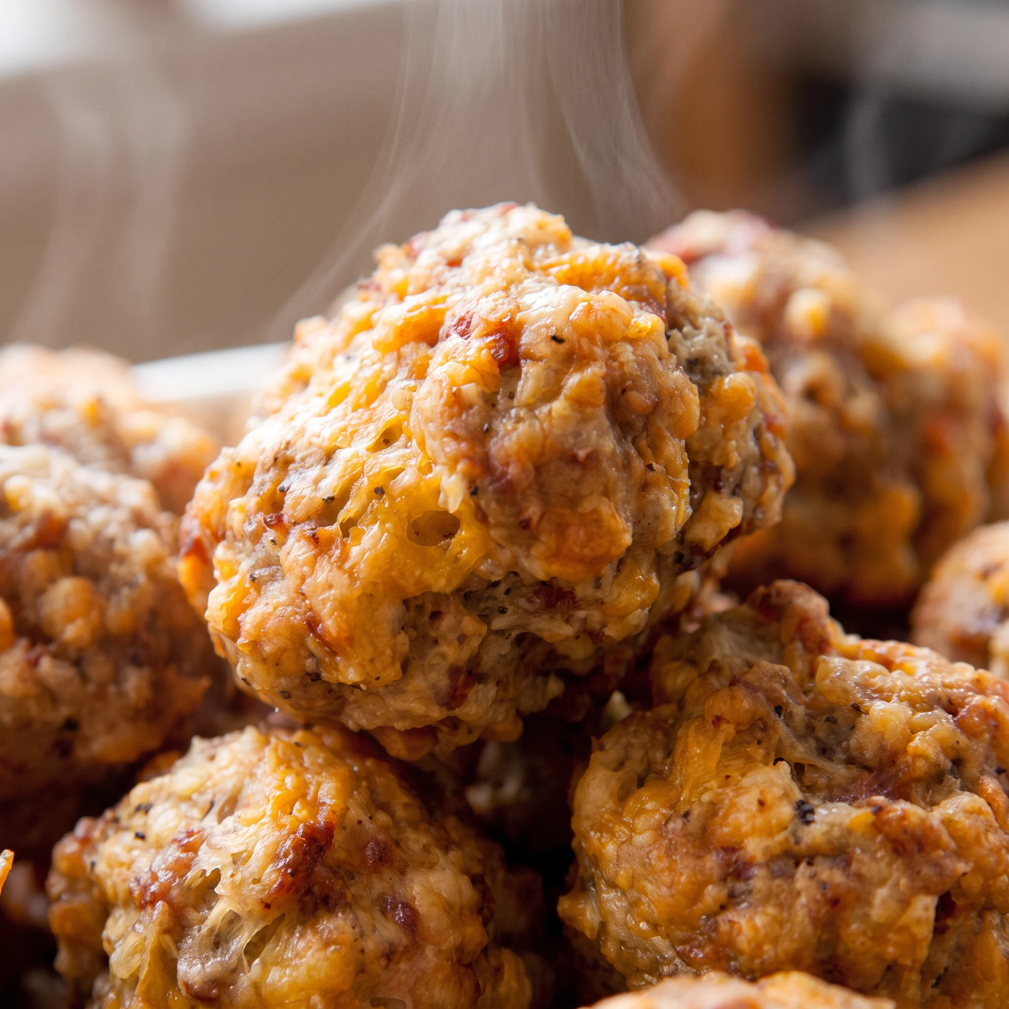 A broken sausage ball shows melted sharp cheddar and sage-flecked pork in a moist, crumbly bite.