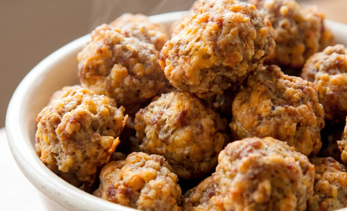 Golden brown sausage balls with sage pork and sharp cheddar, crisp outside and tender inside.