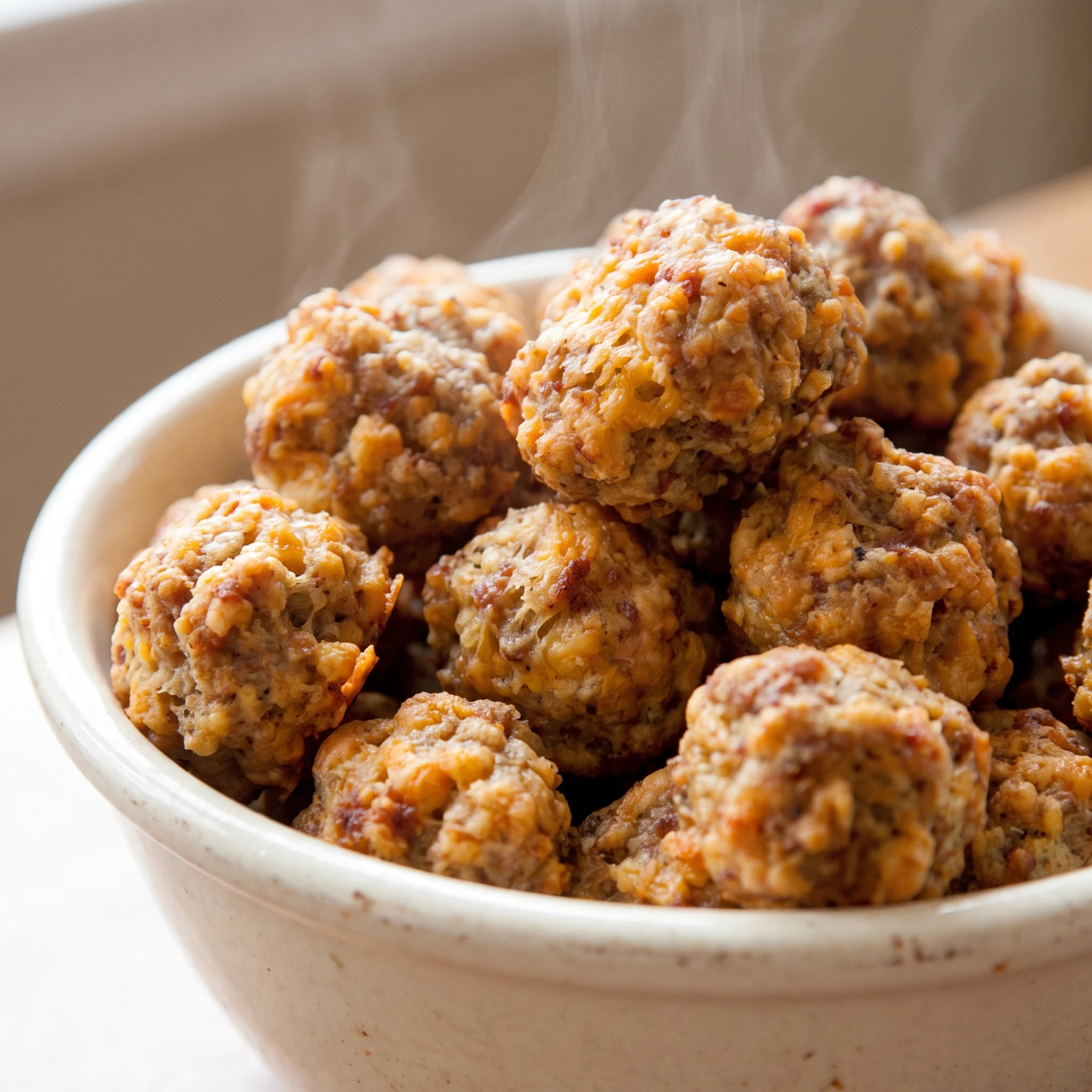 Golden brown sausage balls with sage pork and sharp cheddar, crisp outside and tender inside.
