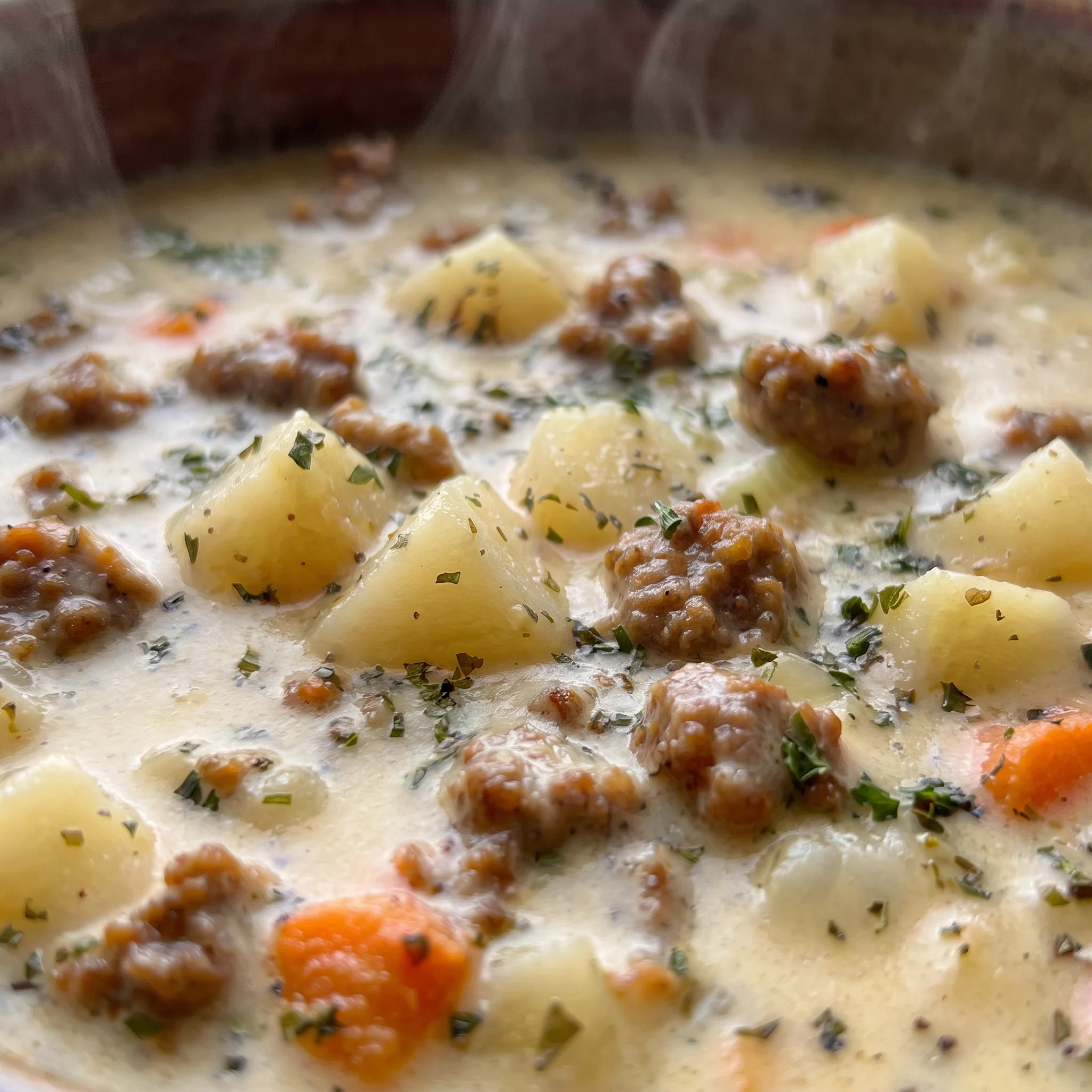 Creamy soup with tender gold potato pieces, crumbled sausage, and soft mirepoix, swirled with heavy cream and melted Cheddar.