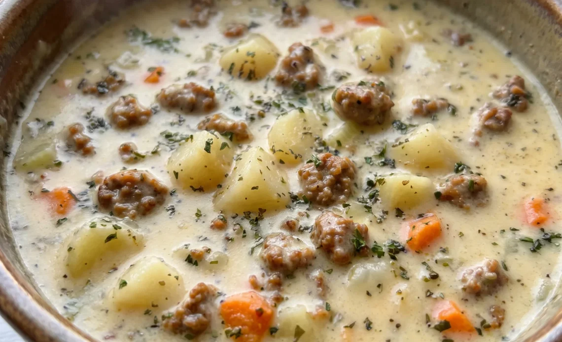 Sausage potato soup with sliced Italian sausage, gold potato chunks, and diced mirepoix in a creamy broth topped with melted Cheddar.