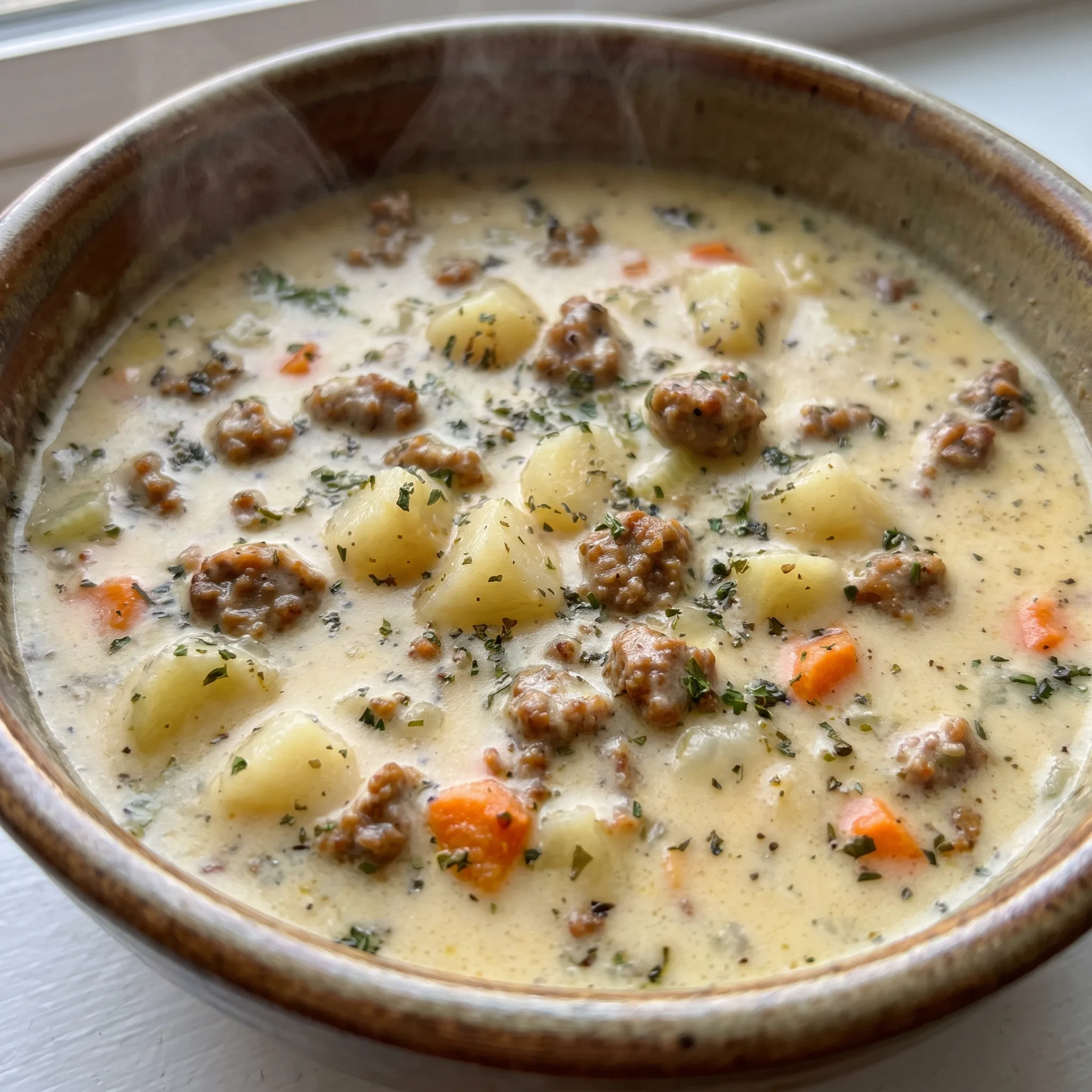 Sausage potato soup with sliced Italian sausage, gold potato chunks, and diced mirepoix in a creamy broth topped with melted Cheddar.