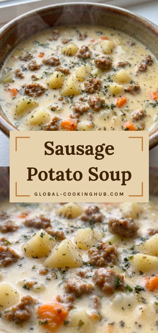 Creamy sausage potato soup with crumbled Italian sausage, tender gold potato chunks, shredded Cheddar, diced carrots, celery, and onion in a thick, speckled cream broth.