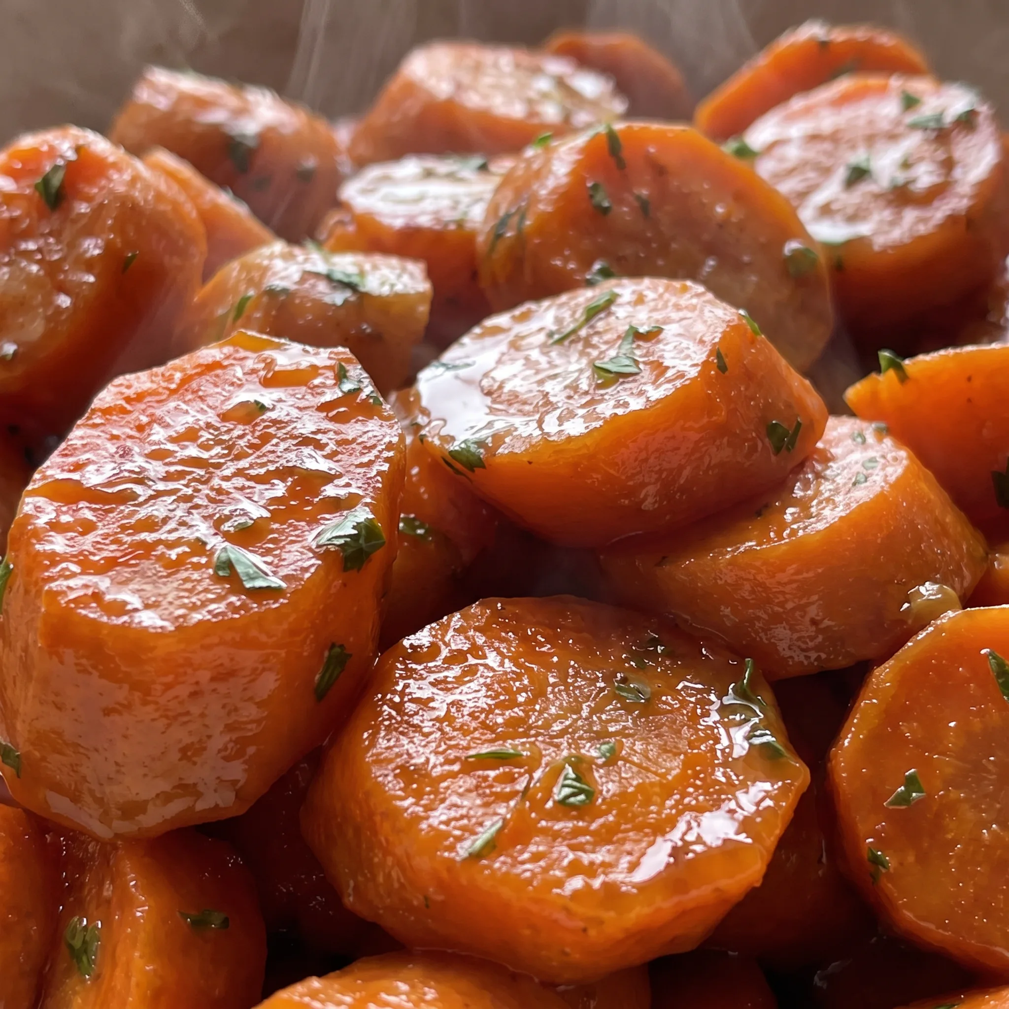 Tender carrots with a glossy brown sugar glaze, flecked with green parsley.