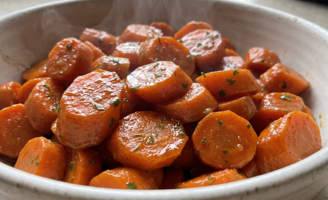 Glazed carrots with brown sugar and butter, topped with chopped parsley.