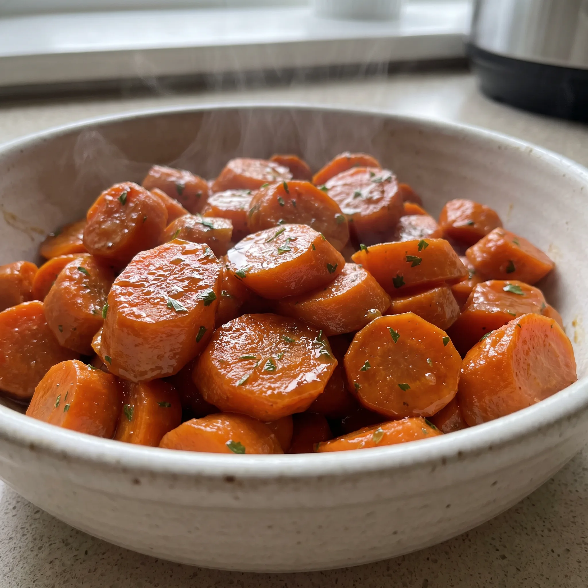 Glazed carrots with brown sugar and butter, topped with chopped parsley.