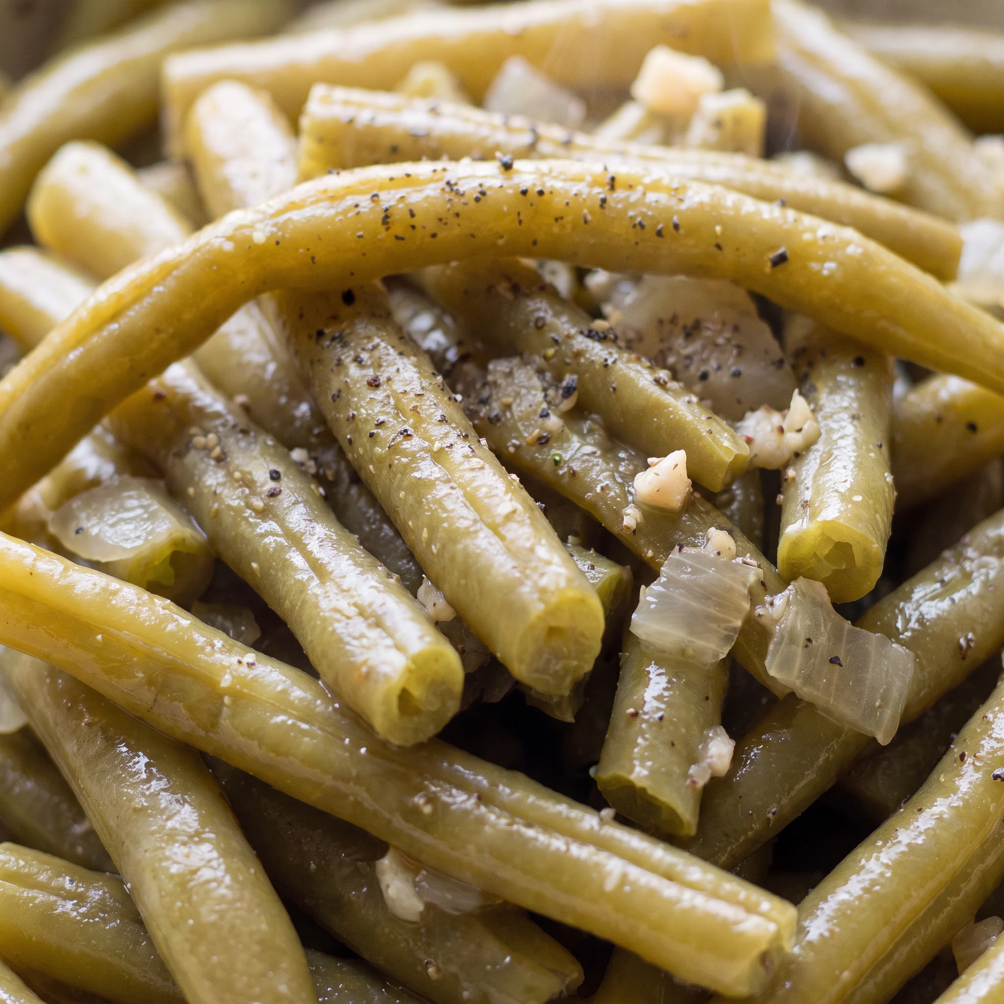 Tender green beans with softened yellow onion and small bits of garlic, glistening in a light savory broth.