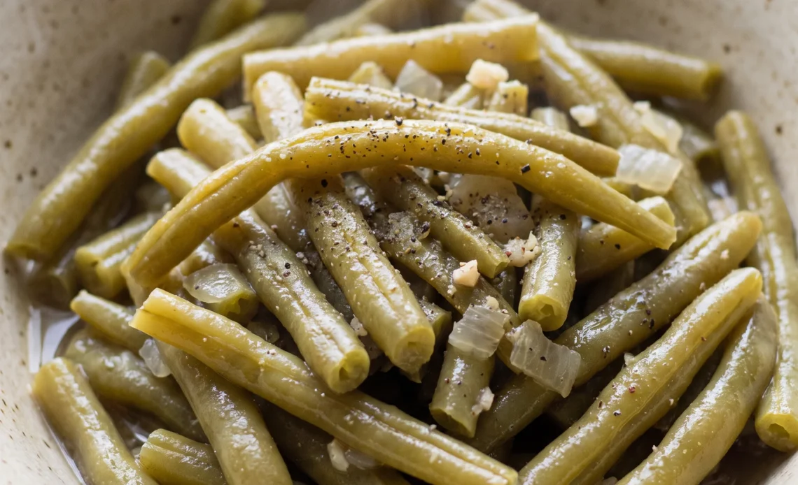 Slow cooker green beans with yellow onion pieces and garlic in chicken broth, soft and tender with a muted green color.