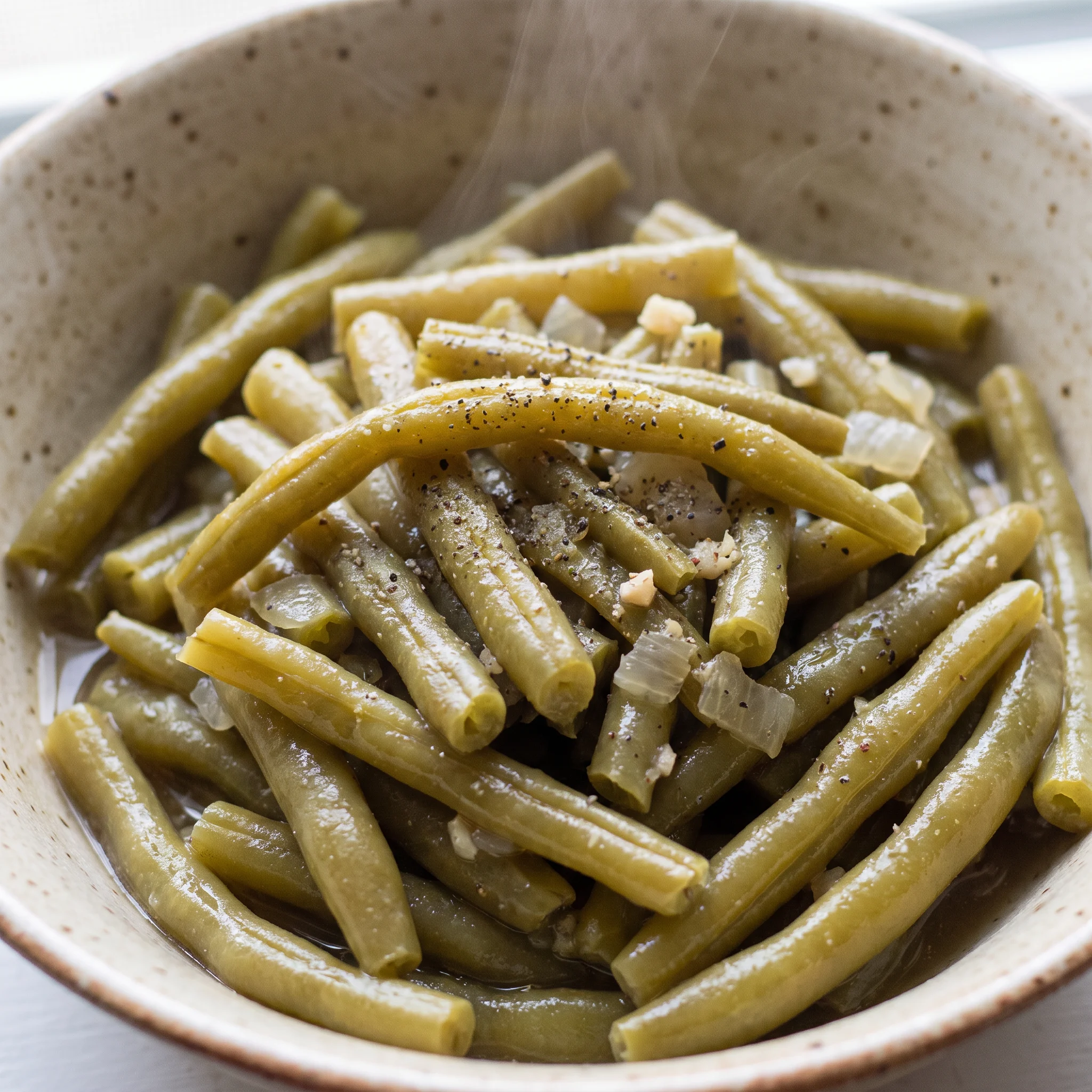Slow cooker green beans with yellow onion pieces and garlic in chicken broth, soft and tender with a muted green color.