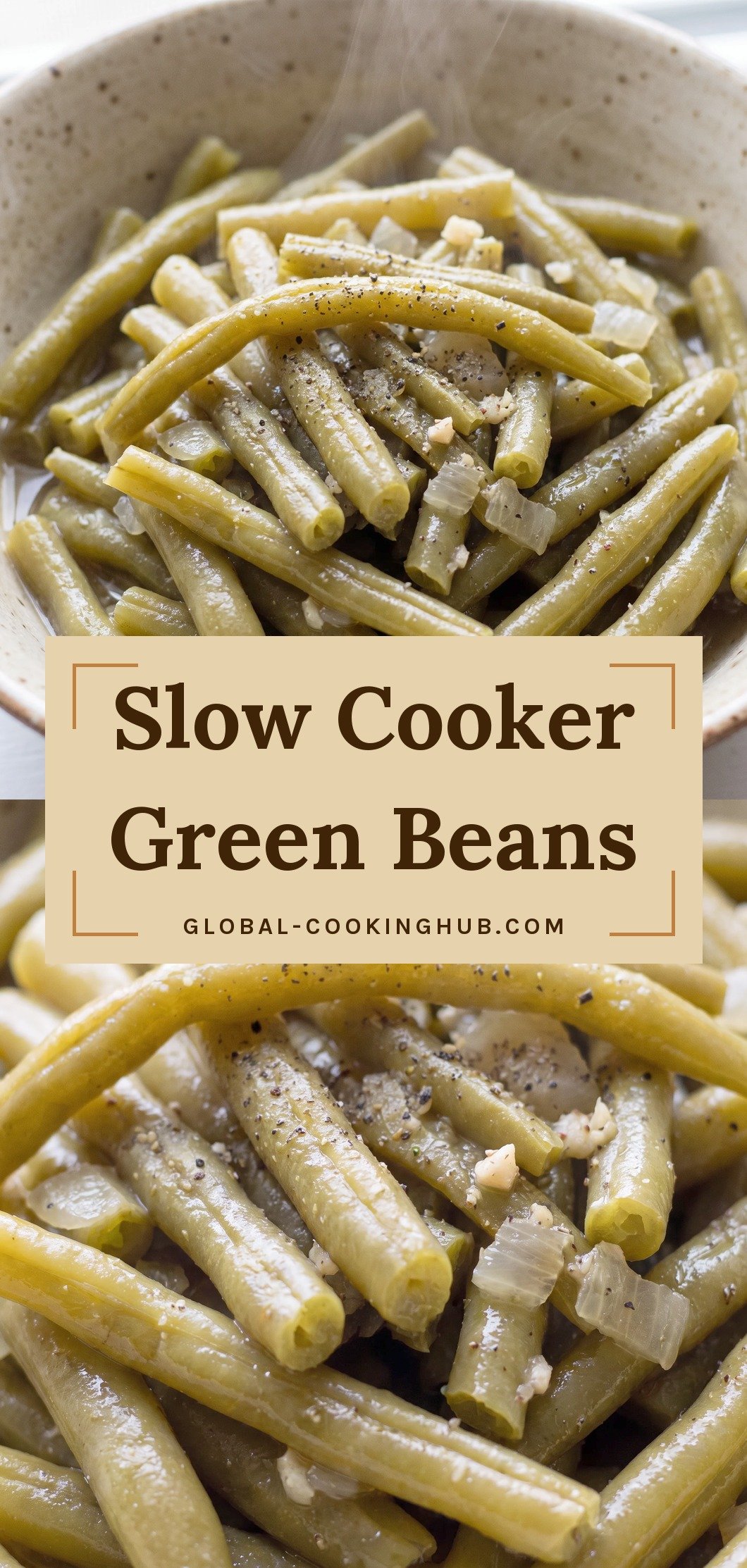 Tender green beans with diced yellow onion and minced garlic in a light golden chicken broth, glossy and soft.