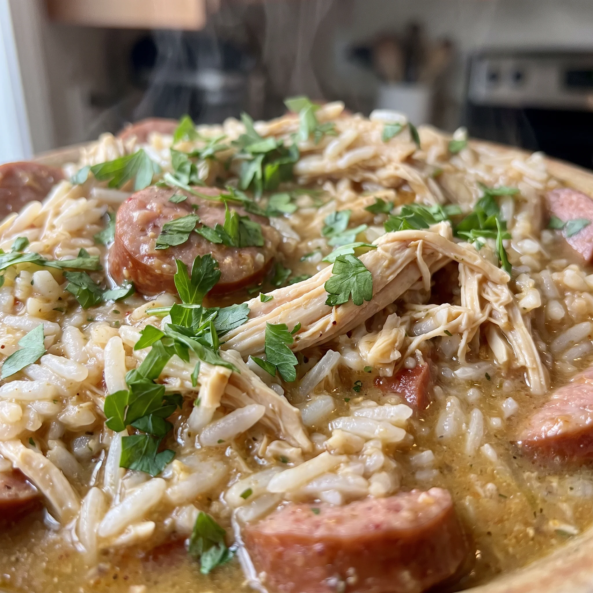 Moist grains of white rice clinging to tender chicken and rounds of smoked sausage, topped with chopped parsley.