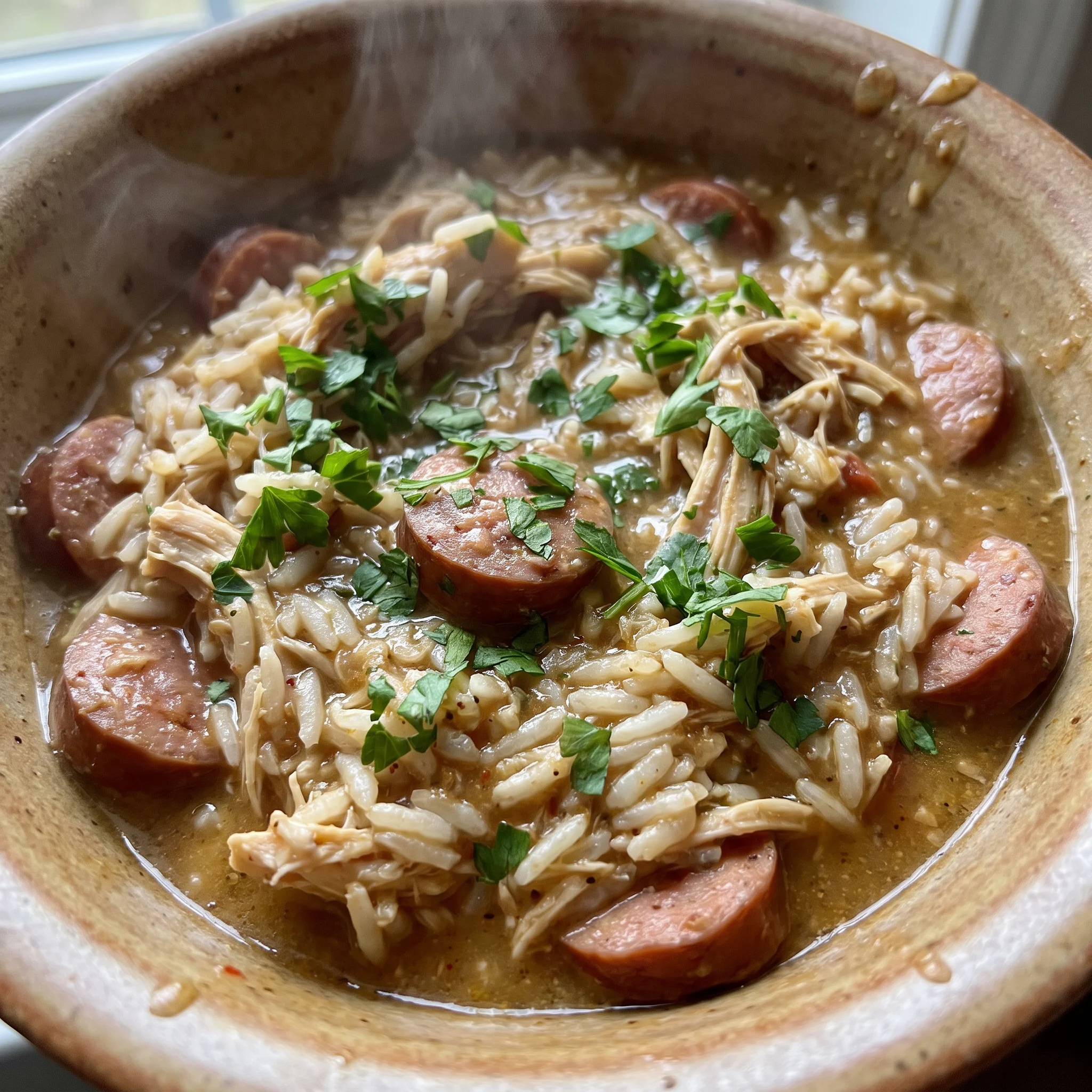 Southern chicken bog with shredded chicken thighs, sliced smoked sausage, and white rice flecked with green parsley.