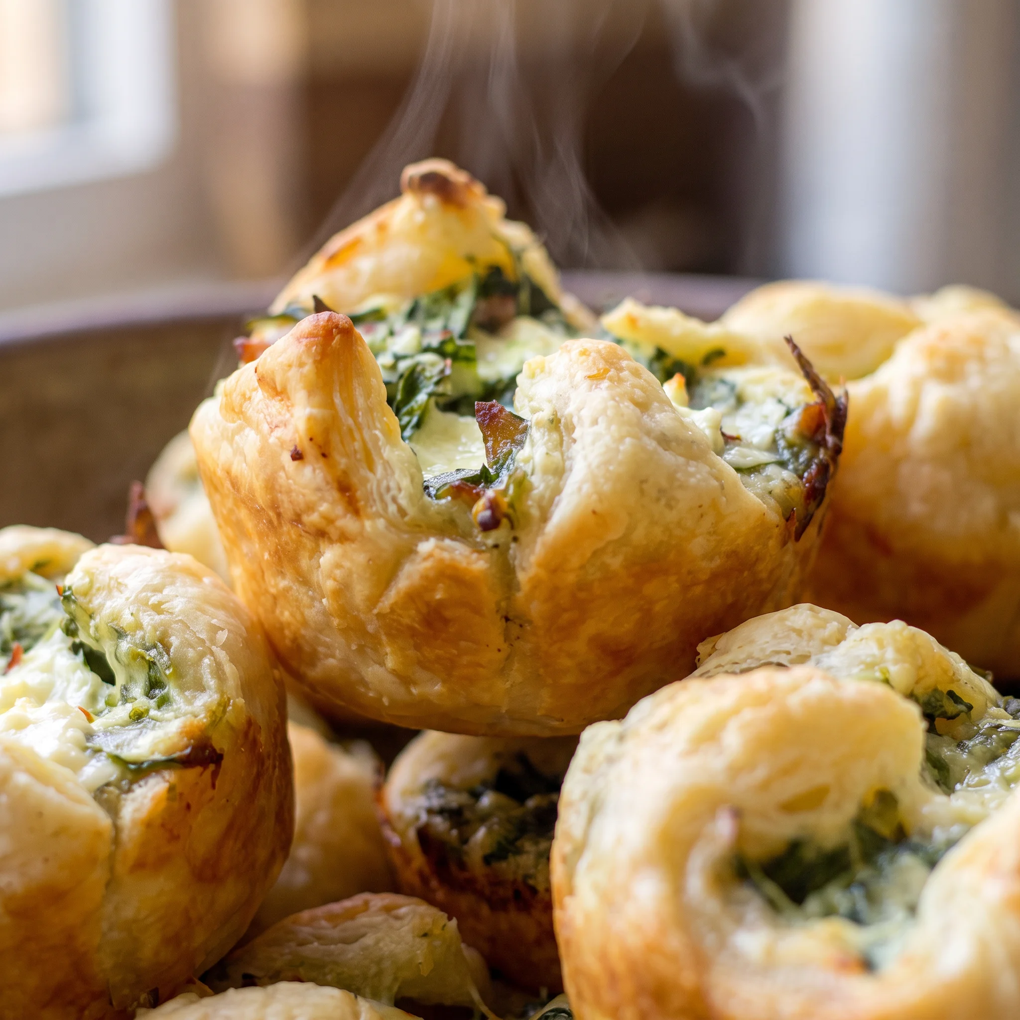 Flaky golden pastry crust with creamy spinach and feta filling, crumbles of bacon, and a soft, rich texture.