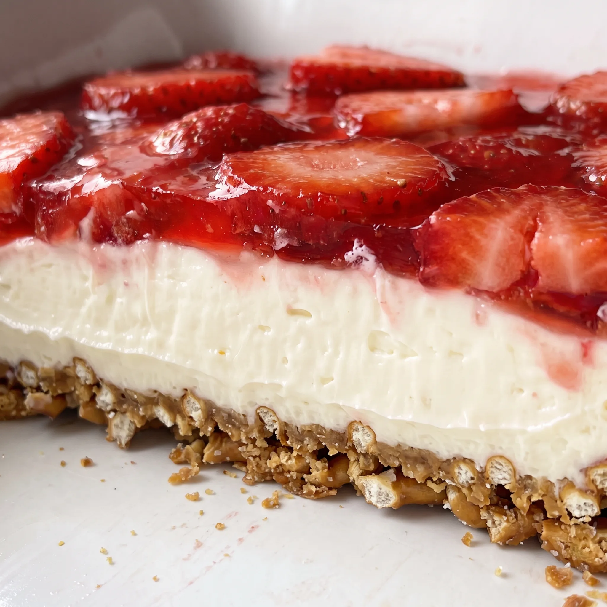 Glossy strawberry jello with suspended strawberry pieces over a smooth cream cheese layer and crunchy pretzel base.