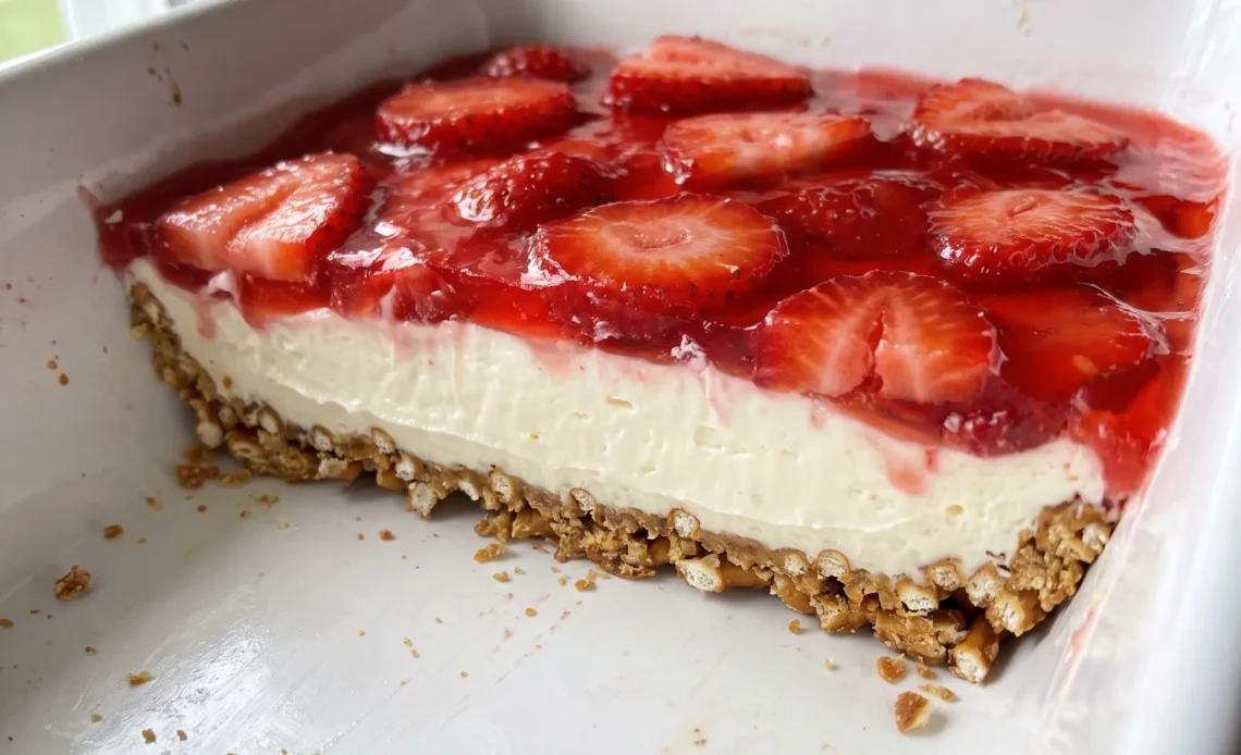 Strawberry pretzel salad with a pretzel crust, cream cheese layer, strawberry jello, and whole strawberries.