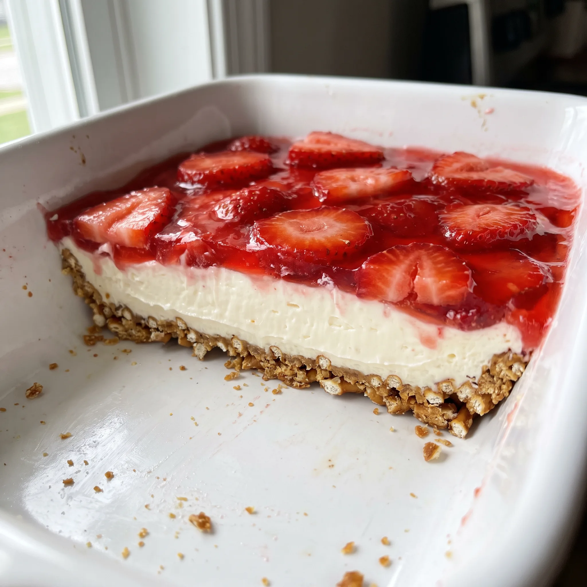 Strawberry pretzel salad with a pretzel crust, cream cheese layer, strawberry jello, and whole strawberries.