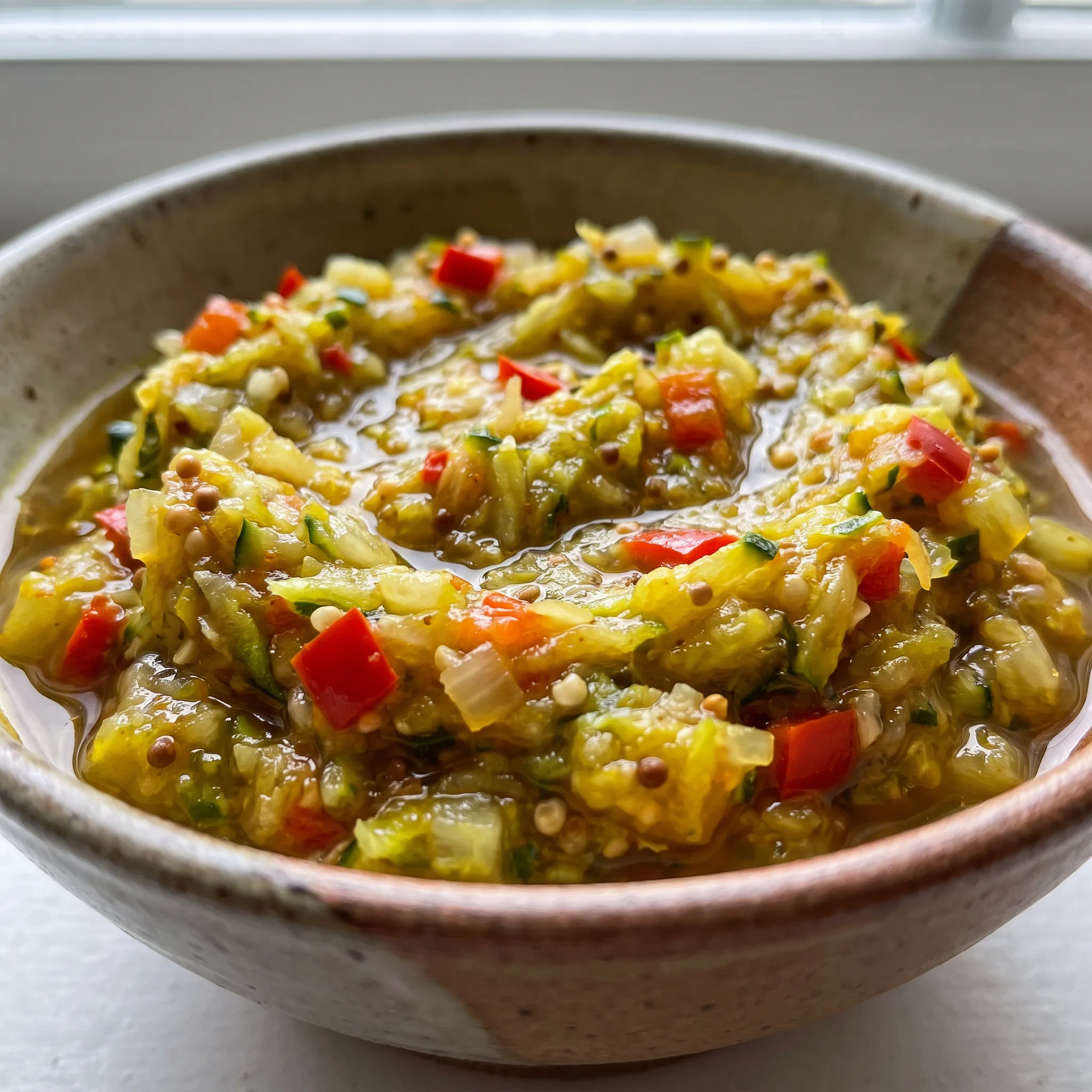 Sweet zucchini relish with diced zucchini, onion, and bell pepper in a glossy, chunky mixture of green, white, and red pieces.