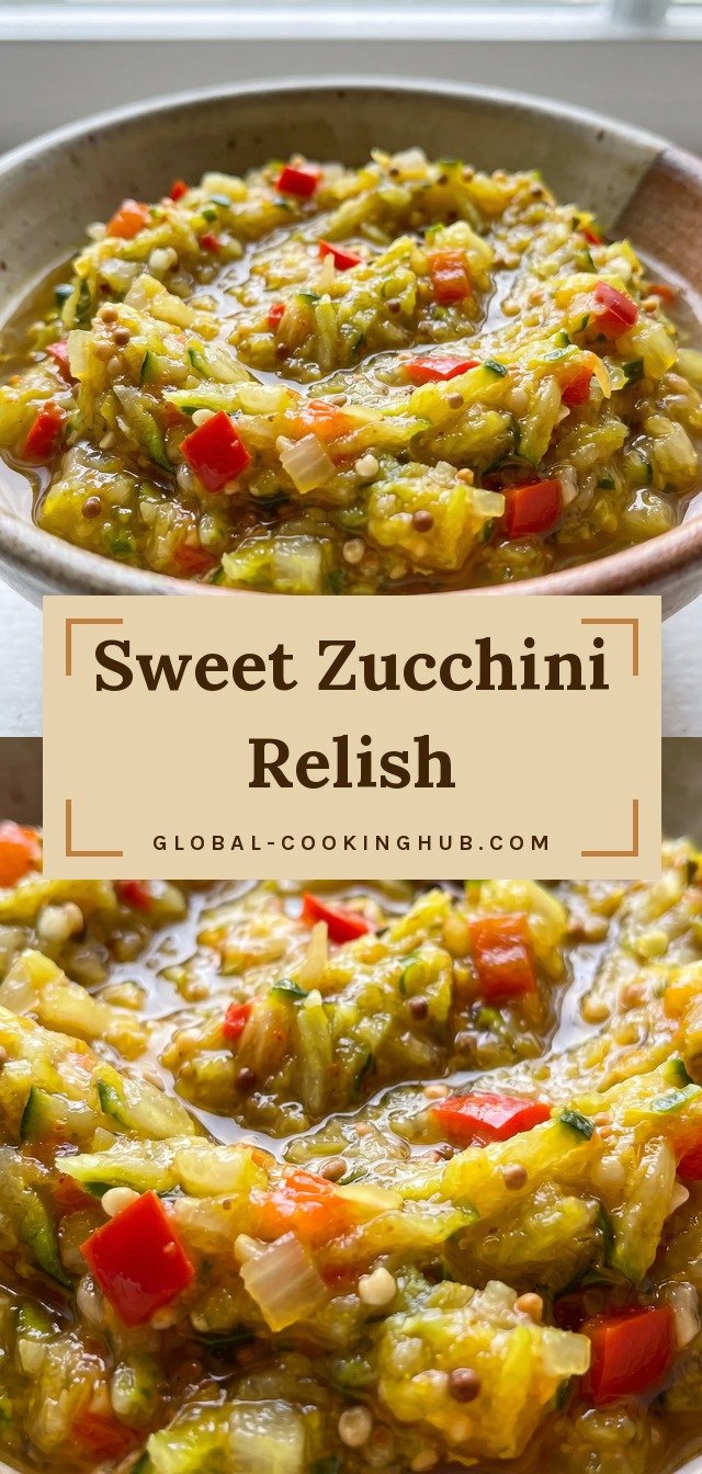 Grated zucchini, finely chopped onion, and diced bell pepper in green, white, and red pieces with a glossy, seeded, golden relish texture.