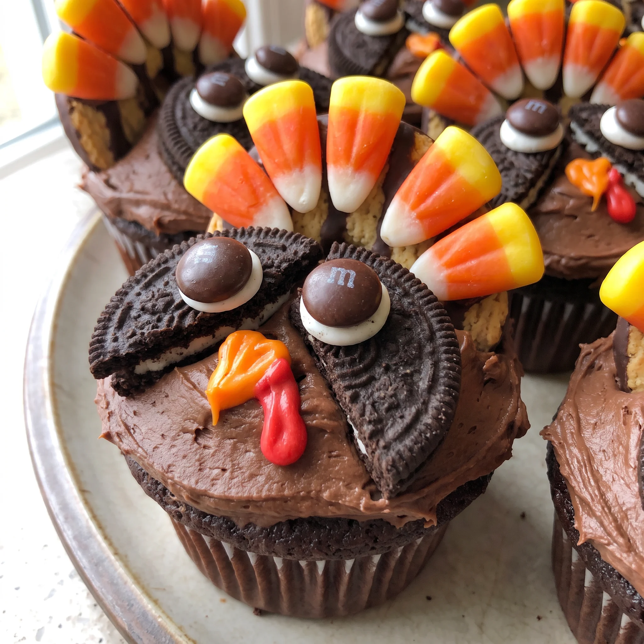 Glossy chocolate frosting piped in swirls, with candy corn feathers, a cookie body, and royal icing details on each cupcake.