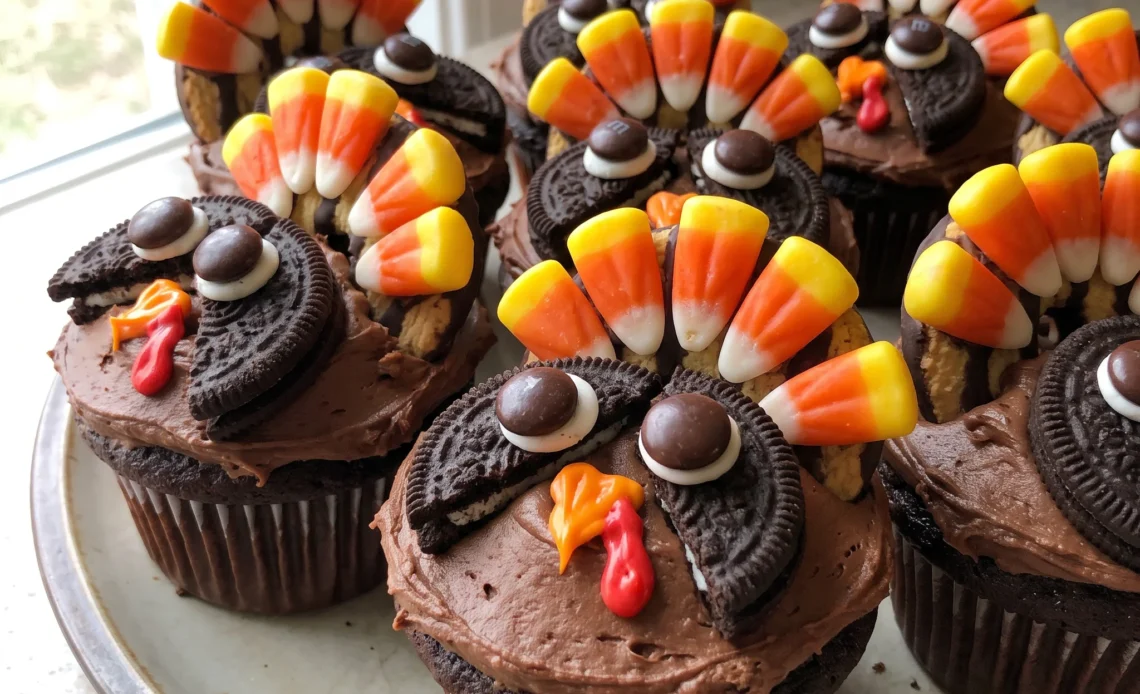 Chocolate cupcakes topped with chocolate frosting, Fudge Stripe cookies, candy corn, Oreo cookies, and M&M's arranged to look like turkeys.