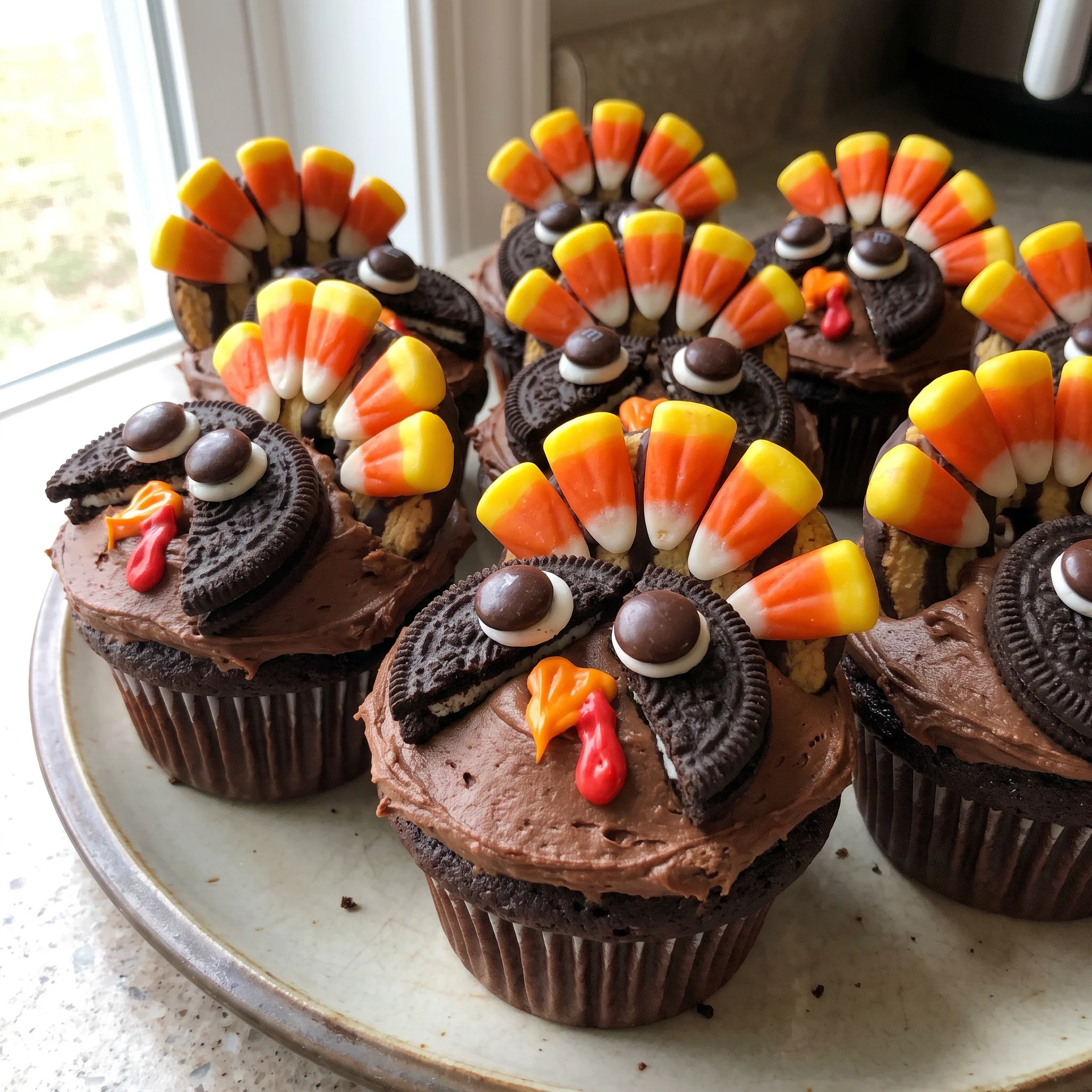 Chocolate cupcakes topped with chocolate frosting, Fudge Stripe cookies, candy corn, Oreo cookies, and M&M's arranged to look like turkeys.