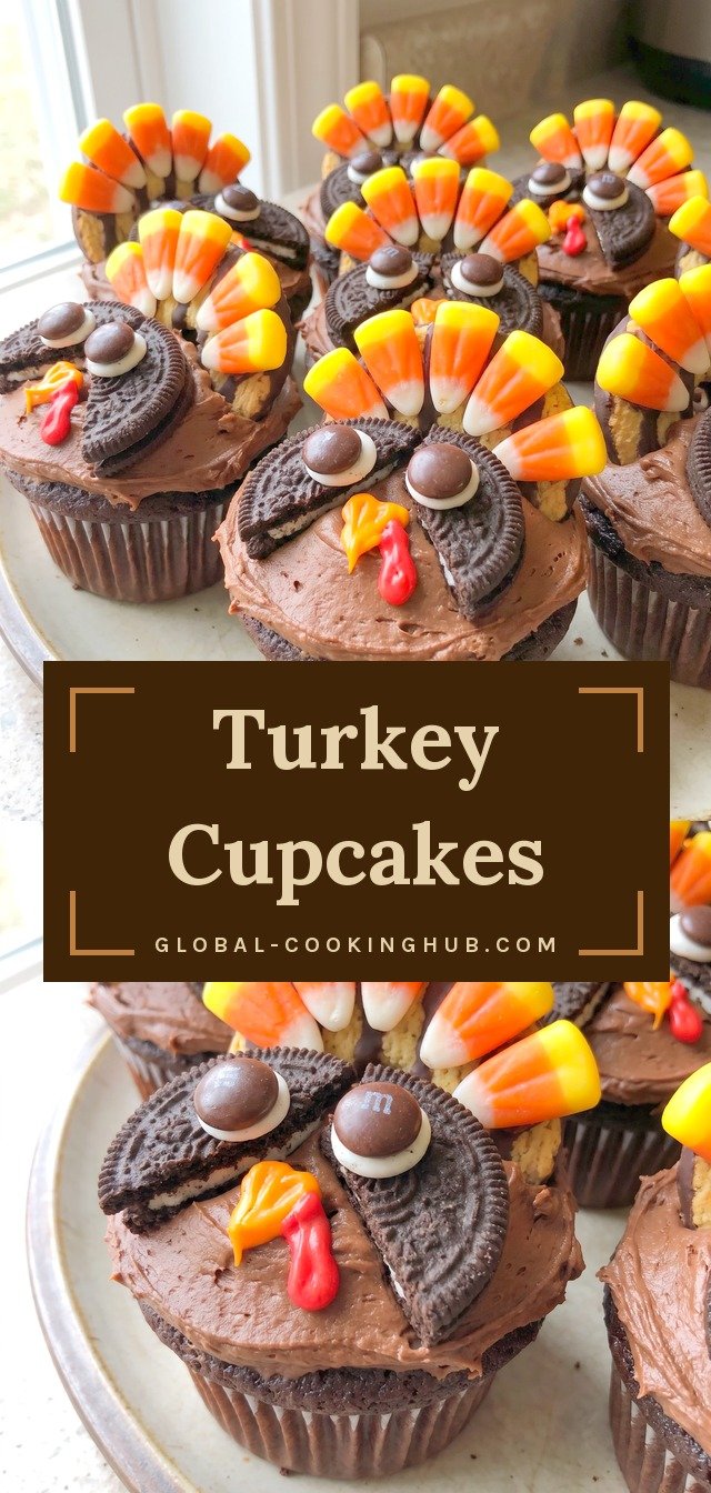 Chocolate cupcakes with swirled fudge frosting, candy corn beaks, Oreo eyes, and Fudge Stripe cookie tails.