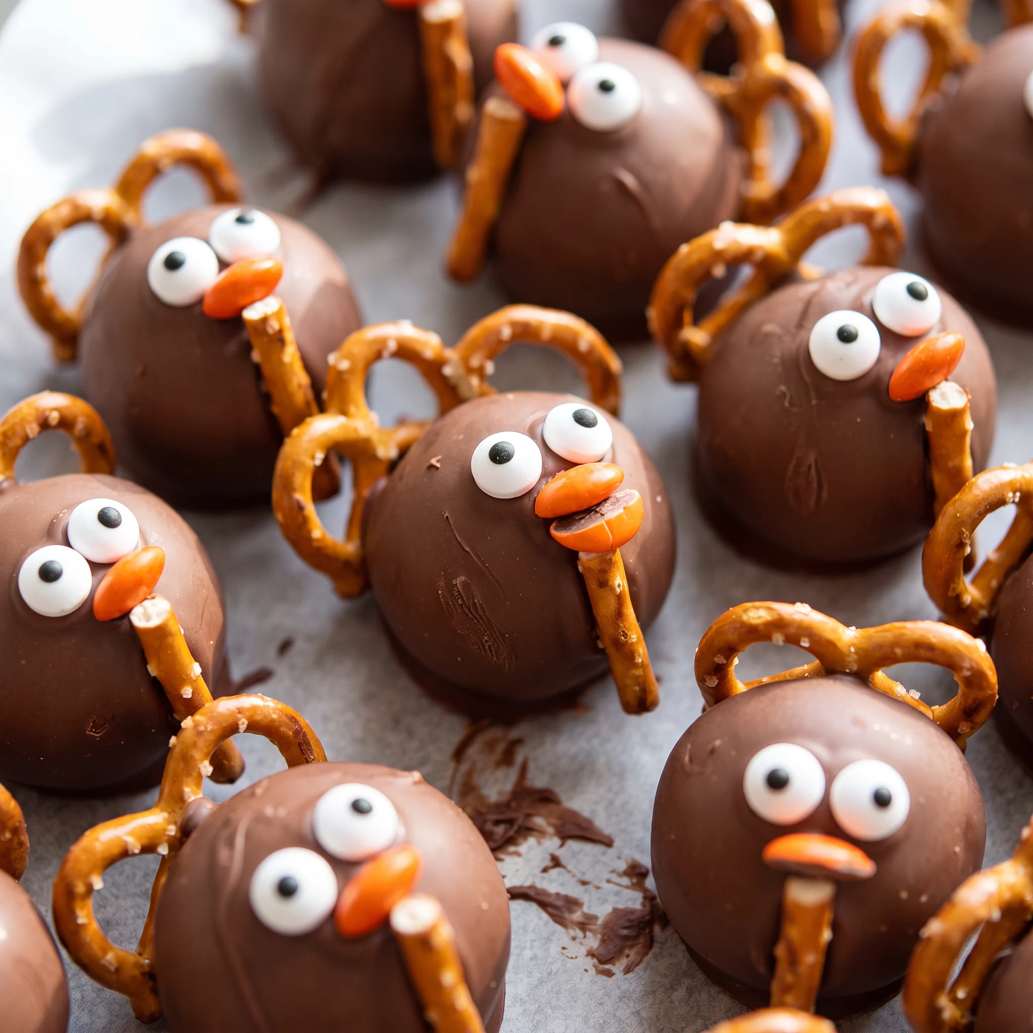 Smooth milk chocolate shell over cream cheese and Oreo filling, topped with pretzel antlers and candy eyes.