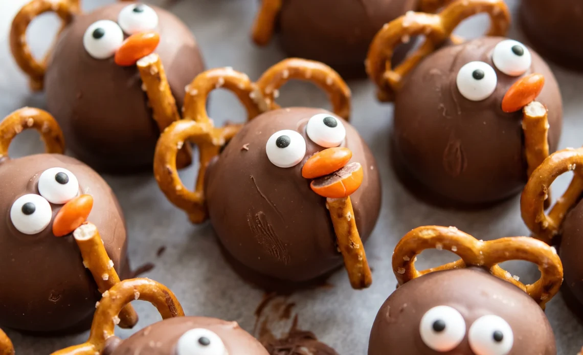 Chocolate-covered Oreo balls with pretzel antlers, candy eyes, and M&M noses, arranged as turkey shapes.