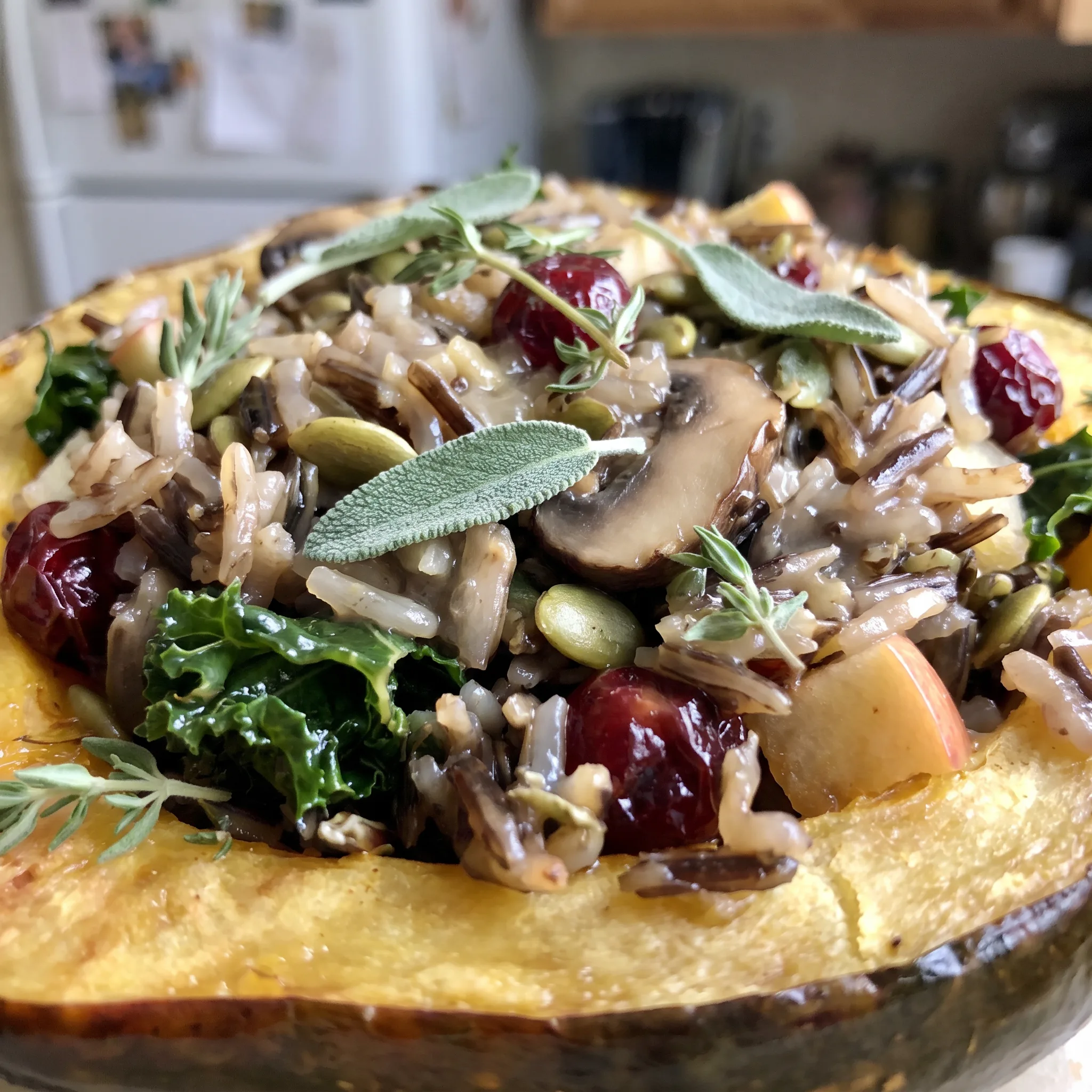 Wild rice stuffing with dark mushrooms, green kale, diced apple, pepitas and dried cranberries in squash.