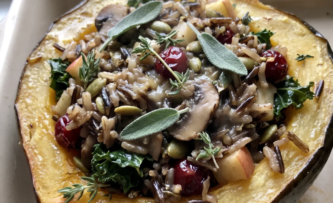 Roasted acorn squash halves filled with wild rice, mushrooms, kale, apple, pepitas and dried cranberries.