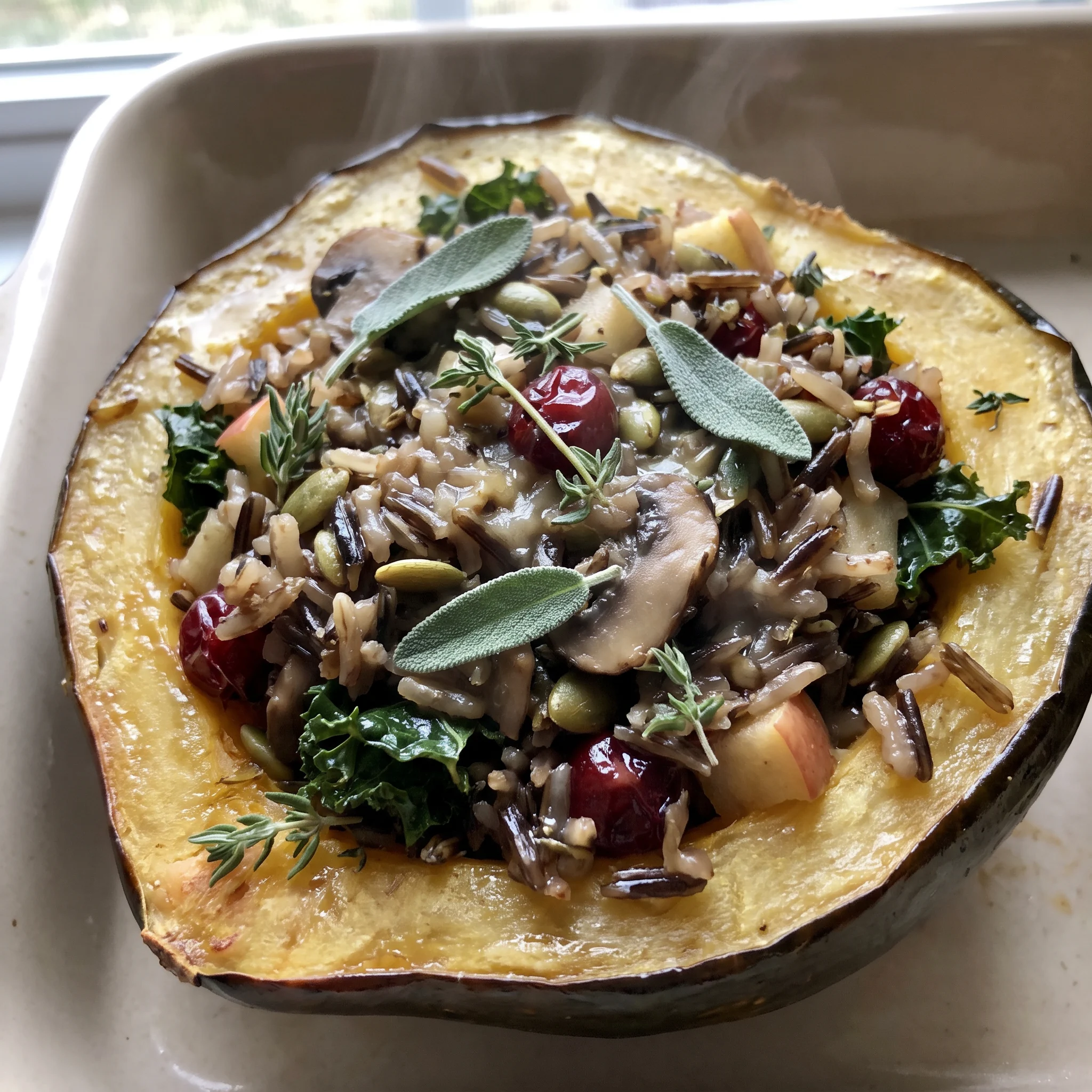 Roasted acorn squash halves filled with wild rice, mushrooms, kale, apple, pepitas and dried cranberries.