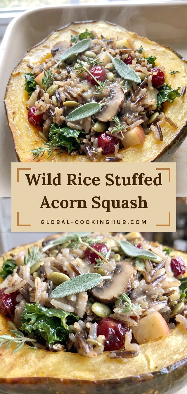 Halved acorn squash filled with wild rice, mushrooms, kale, apple, pepitas and dried cranberries, golden squash edges, glossy rice.