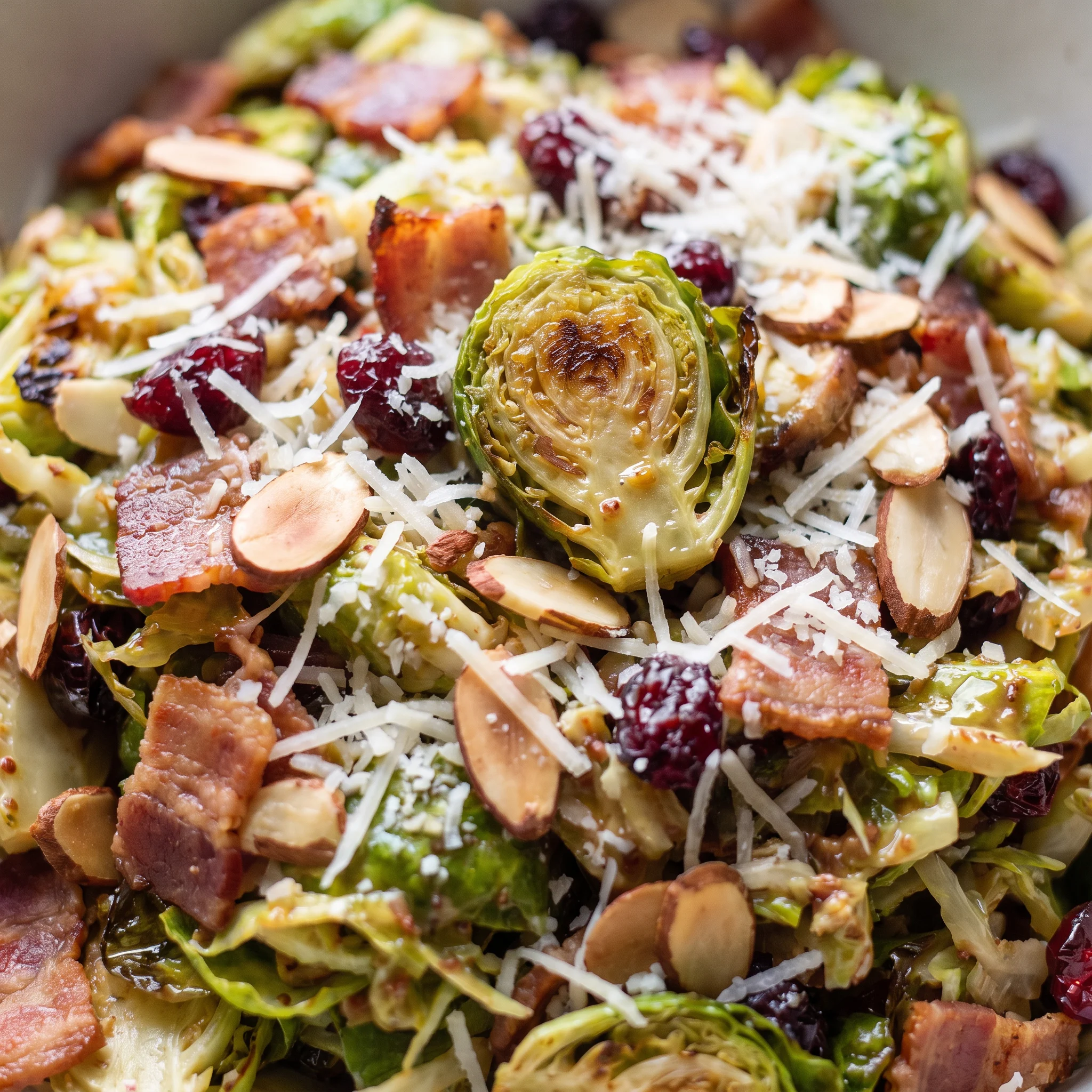 Caramelized Brussels sprout leaves with crisp bacon, toasted almond slivers, dried cranberries and Parmesan shavings.
