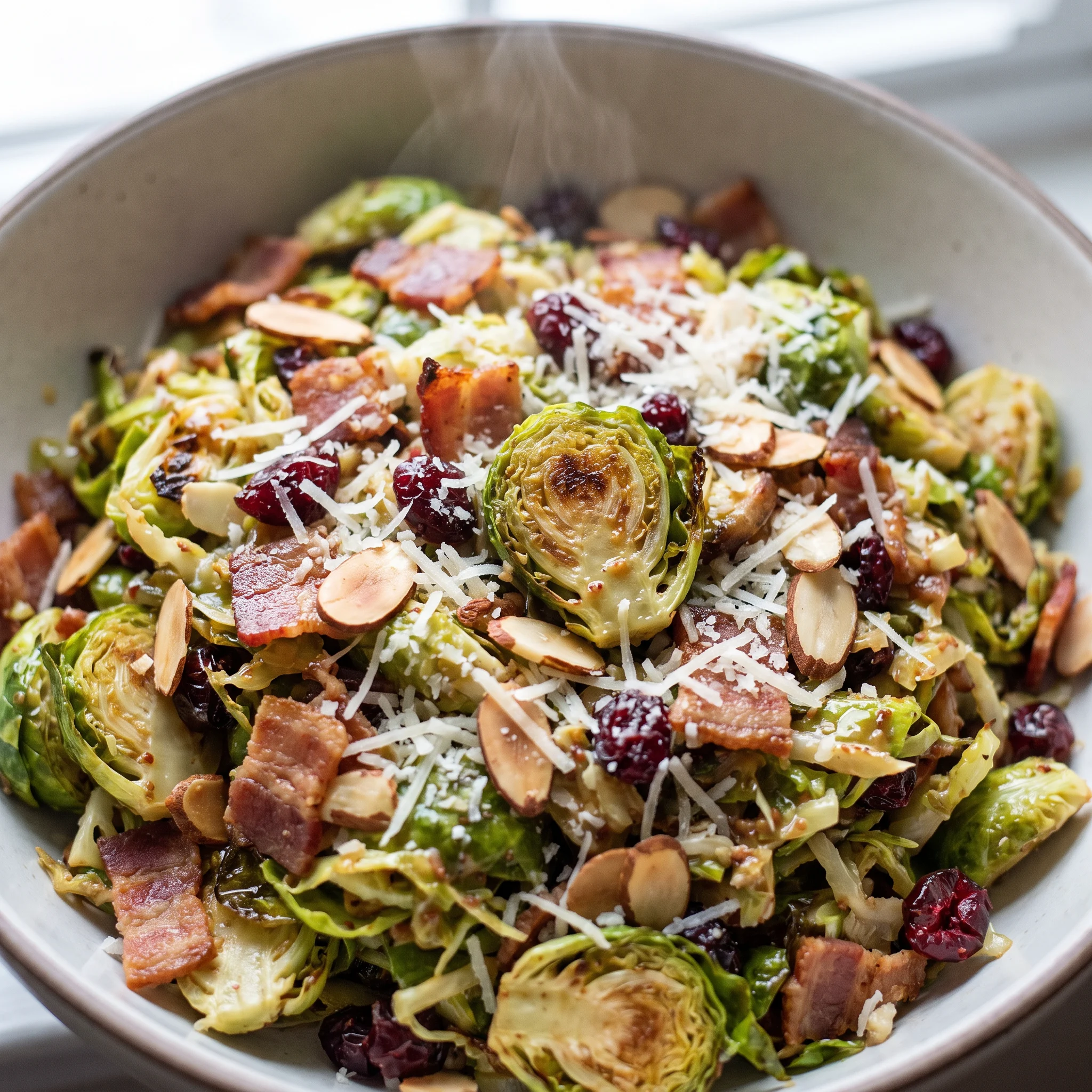 Warm Brussels sprouts salad with halved sprouts, bacon pieces, toasted almonds, dried cranberries and shaved Parmesan.