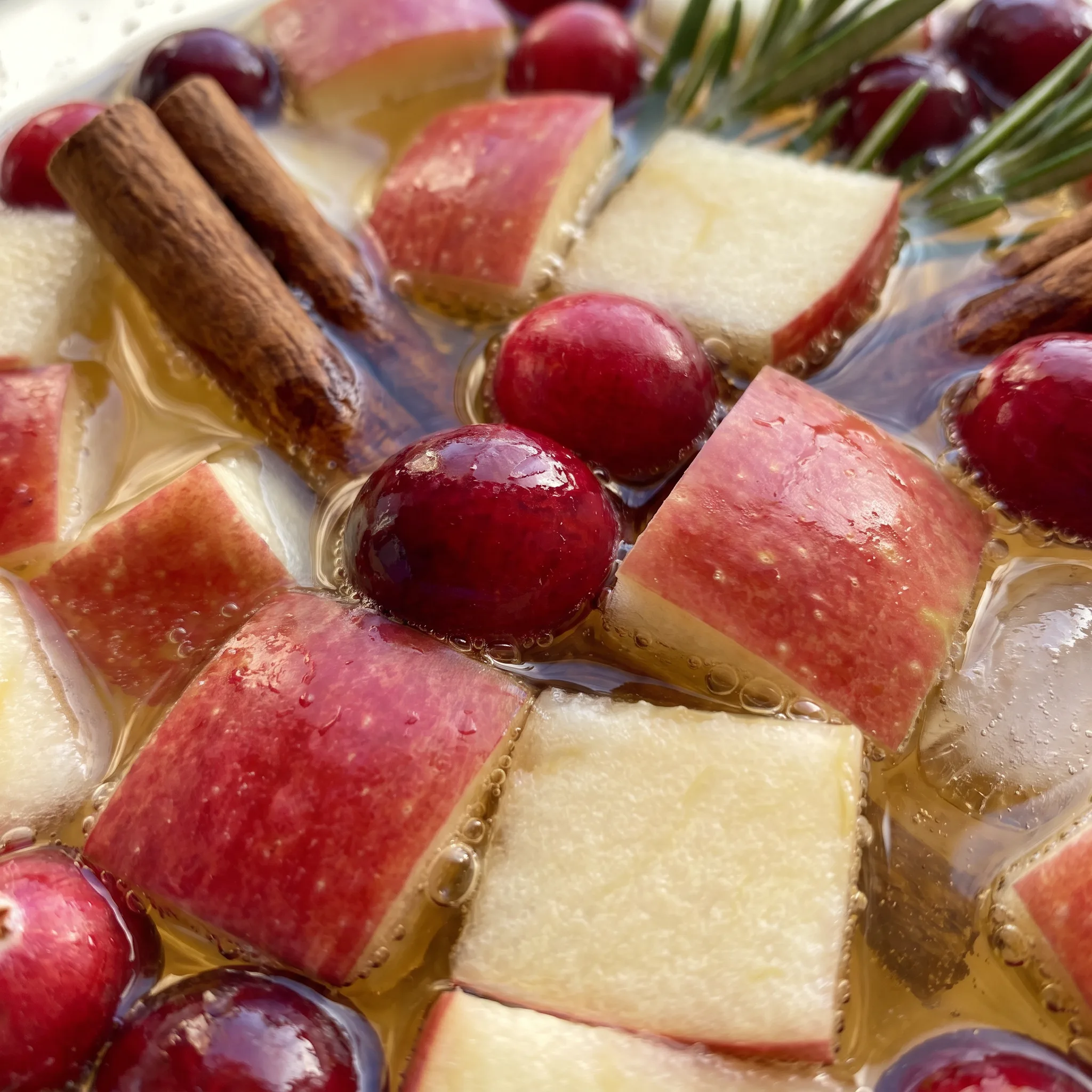 Glossy red cranberries and crisp red apple slices in pale white wine, with cinnamon sticks and green rosemary.