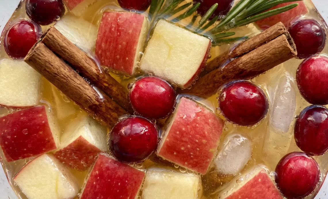 White Christmas sangria with white wine, floating cranberries, red apple slices, orange liqueur, cinnamon sticks and rosemary sprigs.