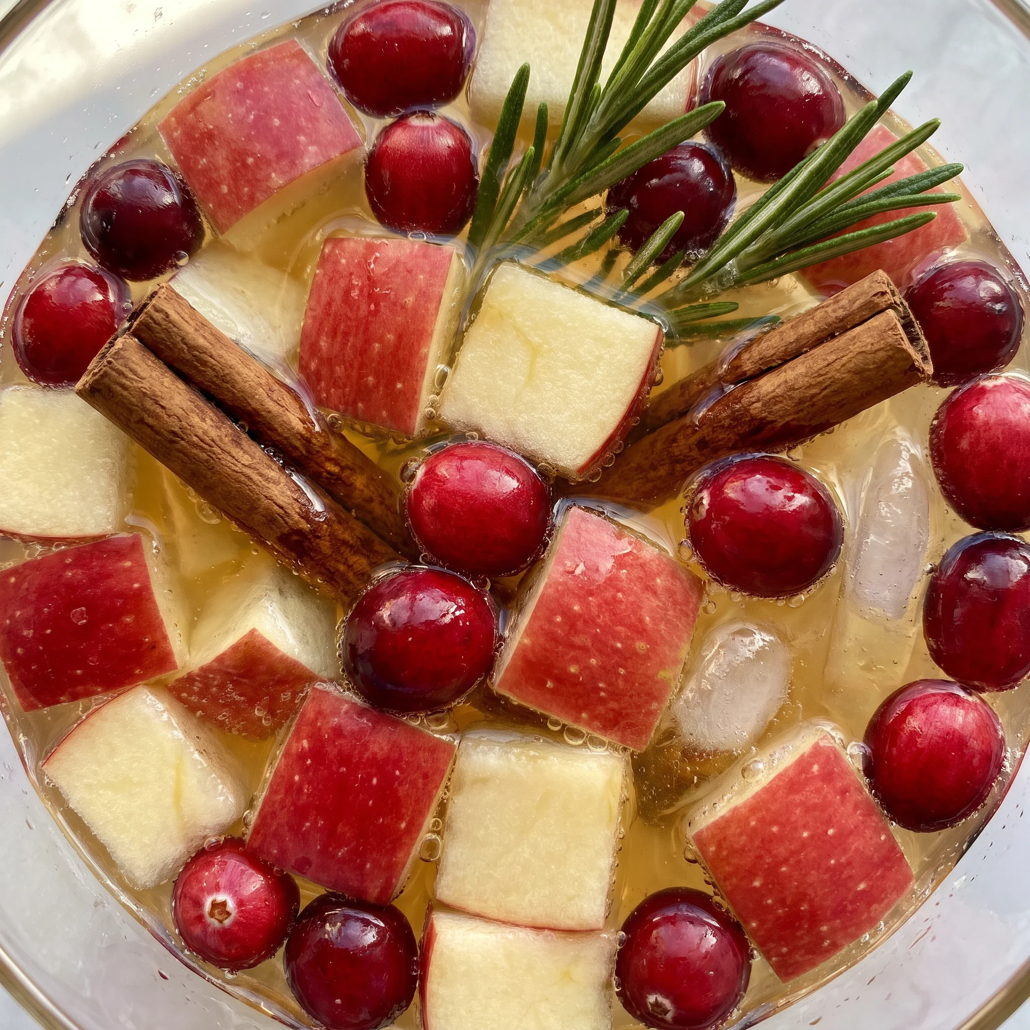 White Christmas sangria with white wine, floating cranberries, red apple slices, orange liqueur, cinnamon sticks and rosemary sprigs.